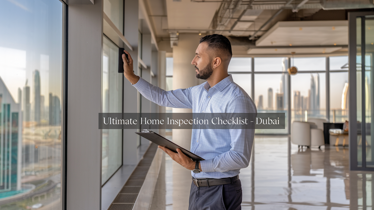 Create a realistic image of a professional Middle Eastern male inspector in business casual attire examining a modern Dubai luxury apartment, holding a clipboard checklist while inspecting large windows with Dubai skyline view in background, checking structural elements and HVAC system, with natural lighting highlighting both interior luxury finishes and the iconic cityscape, text overlay "Ultimate Home Inspection Checklist - Dubai".