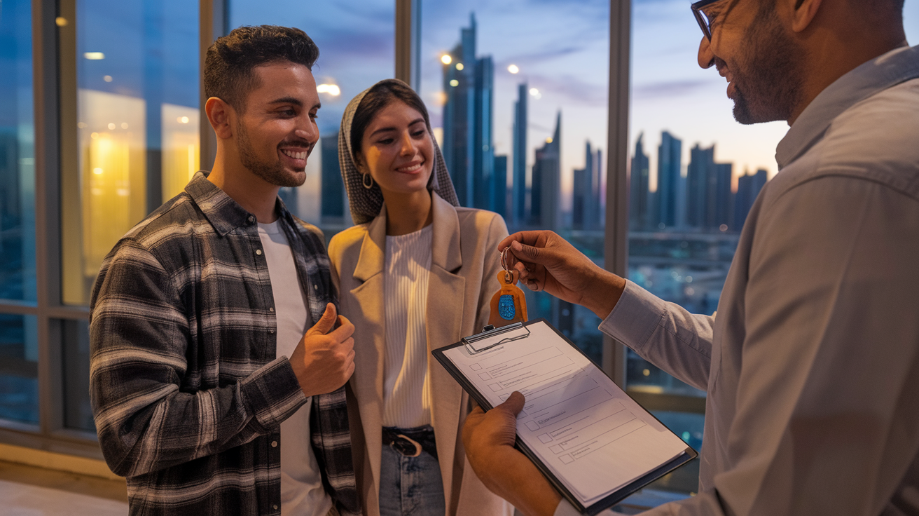 Create a realistic image of a satisfied young Arab couple receiving keys to their new Dubai apartment from a professional property inspector, with a completed home inspection checklist visible on a clipboard, against a backdrop of modern Dubai skyline visible through floor-to-ceiling windows, warm evening lighting creating a sense of accomplishment and relief.