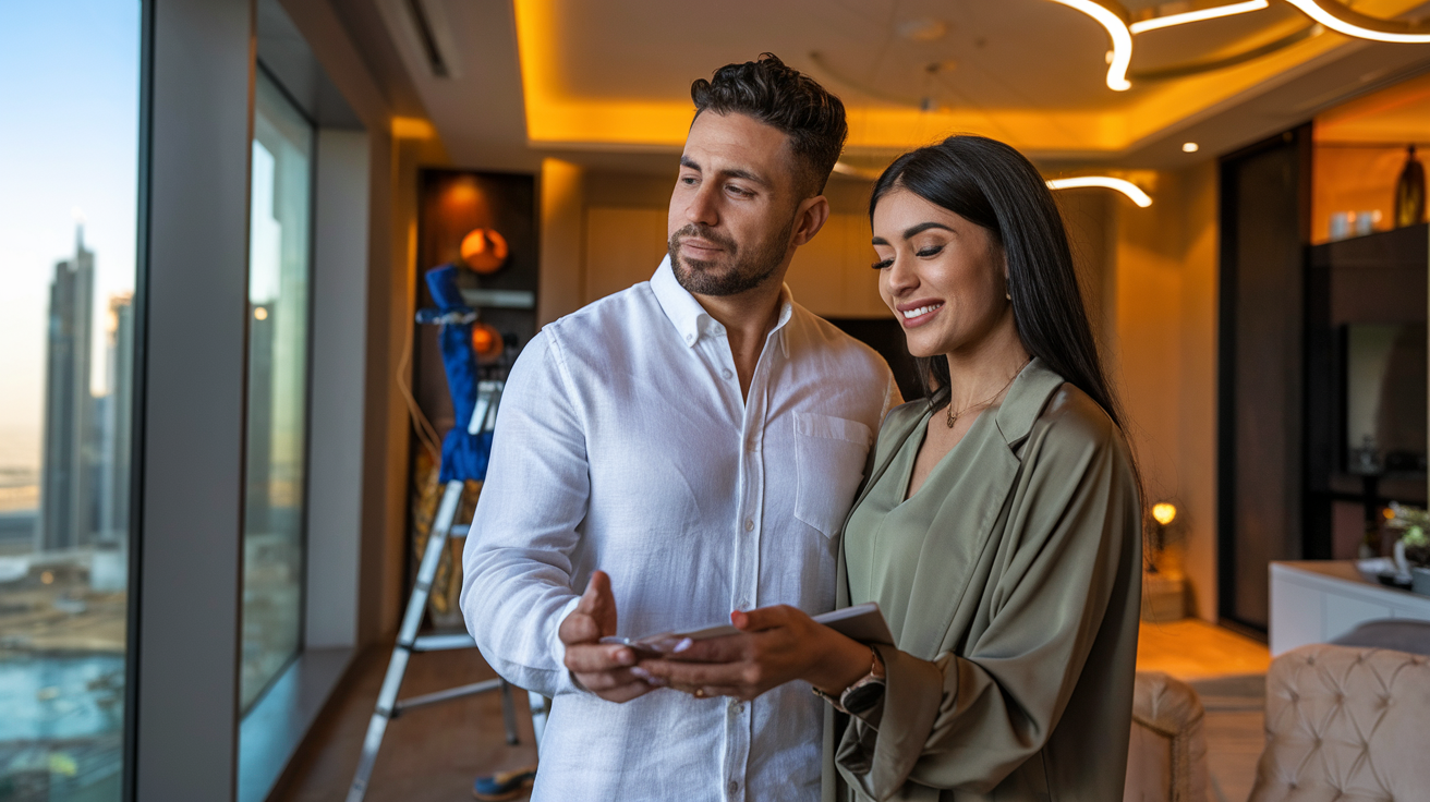 Create a realistic image of a confident Middle Eastern couple receiving a detailed home inspection report from a professional inspector in a modern Dubai apartment, with the Dubai skyline visible through large windows, warm lighting creating a sense of trust and satisfaction, inspection tools visible in the background.