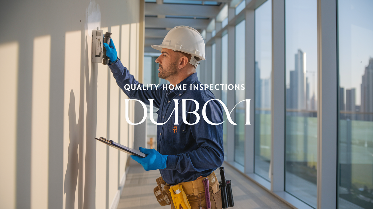 Create a realistic image of a professional home inspector wearing a hardhat, examining a modern Dubai property with a clipboard and inspection tools, against the backdrop of Dubai's iconic skyline. The inspector should be carefully checking a wall with moisture detection equipment while natural light streams through large windows, highlighting the detailed inspection process. Include the text "Quality Home Inspections Dubai" in an elegant font overlay.