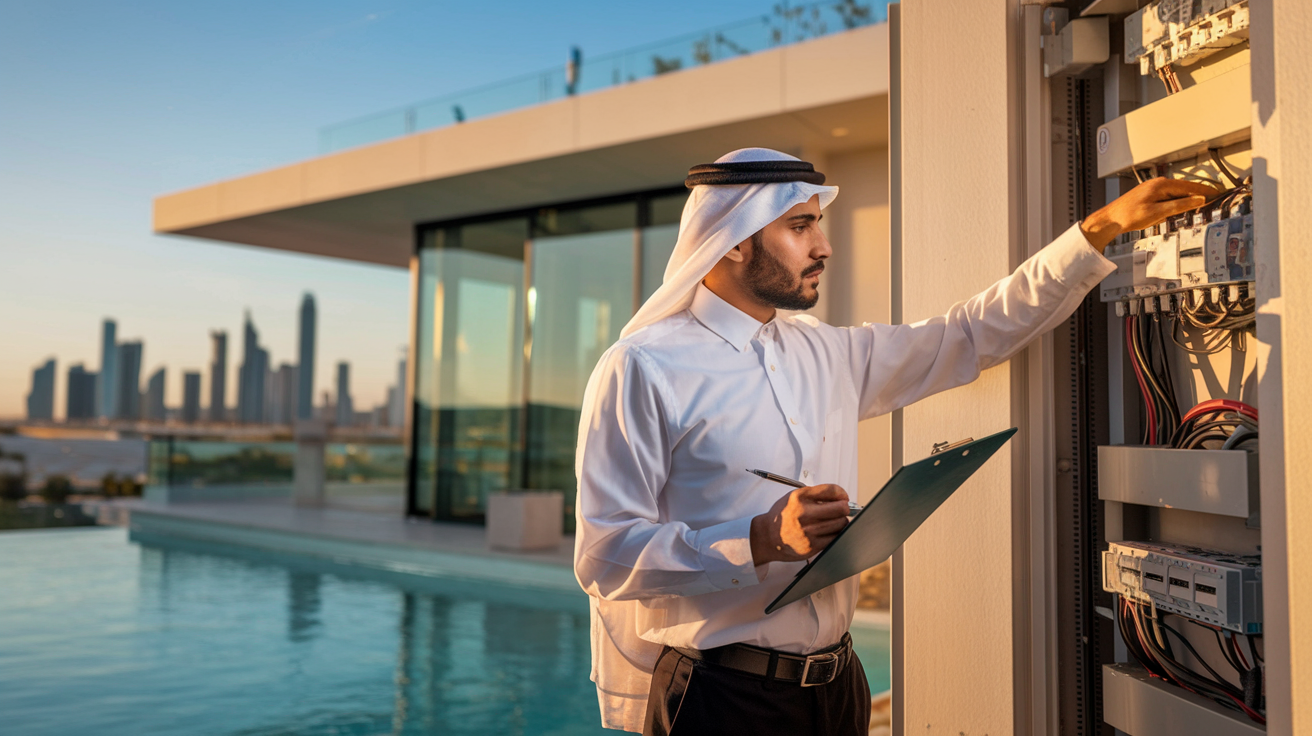Create a realistic image of a professional Arab male inspector in formal attire examining a modern luxury villa in Dubai, holding a clipboard and using inspection tools to check electrical panels. The background shows the UAE skyline at daytime with clear blue skies. The scene depicts a detailed home inspection process with warm lighting highlighting structural elements and systems being evaluated. Text overlay reads: "Professional Home Inspections in the UAE".