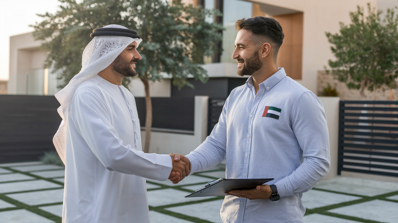Create a realistic image of a professional home inspector in a white shirt with a UAE flag pin, shaking hands with a satisfied Arab homeowner in front of a modern Dubai villa, with inspection clipboard and report visible, soft evening lighting creating a sense of trust and completion, symbolizing successful home inspection services in the UAE.
