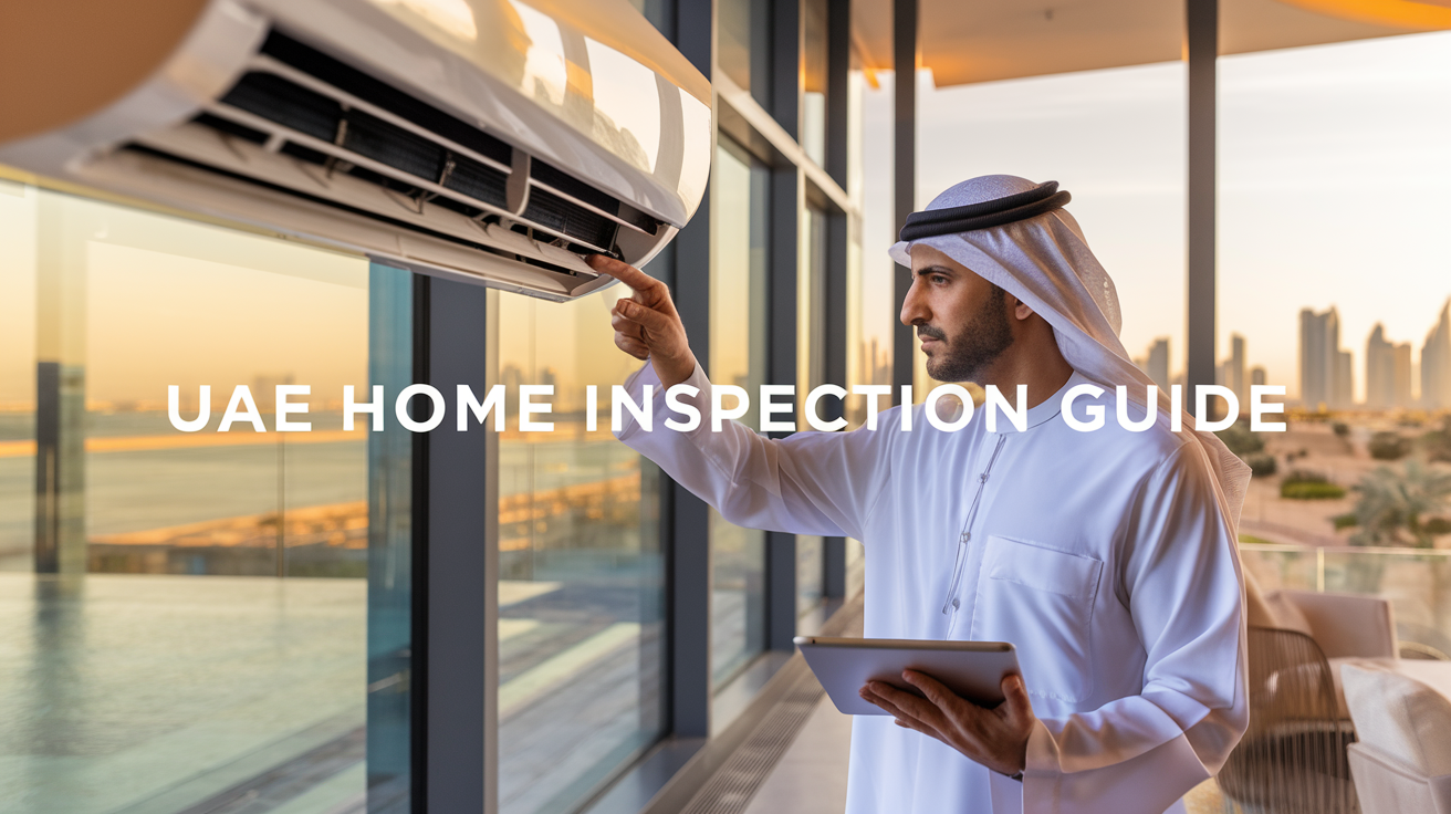 Create a realistic image of a male Arab property inspector in formal attire examining a luxury villa in Dubai, using a digital tablet while pointing to an air conditioning unit, with the Dubai skyline visible through large windows in the background, under the text "UAE Home Inspection Guide" with warm lighting highlighting modern architecture and desert-appropriate building materials.
