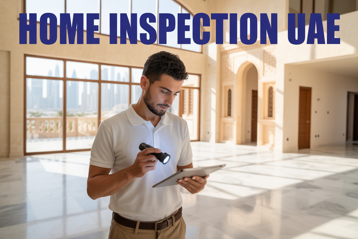 Create a realistic image of a professional Middle Eastern male home inspector in his 30s wearing a white polo shirt and khaki pants, holding a digital tablet and flashlight while examining the interior of a modern UAE villa with distinctive Arabian architectural elements, marble flooring, and large windows showing Dubai skyline in the background, with warm natural lighting streaming through the windows, and the text "HOME INSPECTION UAE" prominently displayed in bold blue letters at the top of the image.