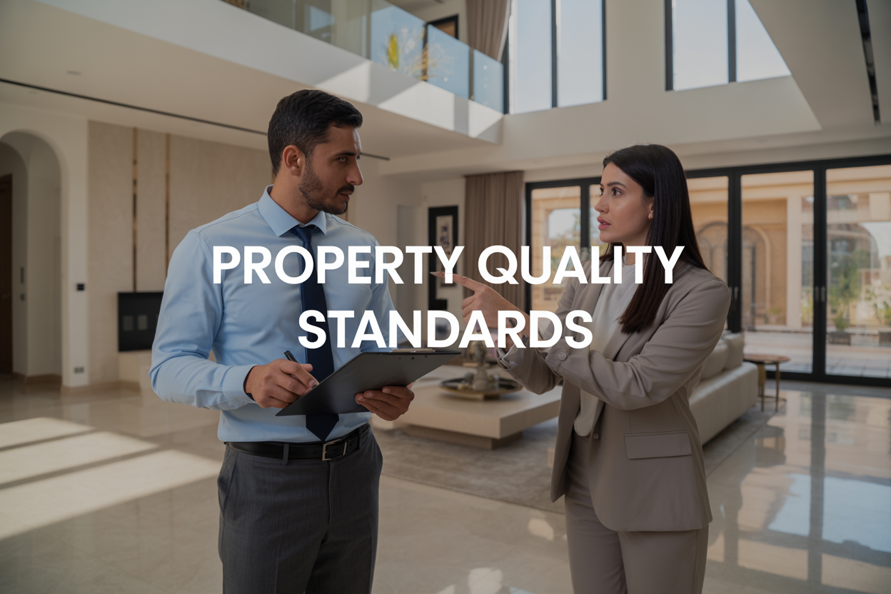Create a realistic image of a Middle Eastern male property inspector in professional attire holding a digital tablet and clipboard while examining the interior of a modern UAE villa, with visible architectural elements like marble floors, large windows, and contemporary fixtures, alongside a female Arab real estate agent in business clothing pointing to structural details, set in a bright, well-lit living space with natural sunlight streaming through windows, featuring the text "Property Quality Standards" prominently displayed in the foreground, conveying a professional and trustworthy atmosphere for home inspection services.