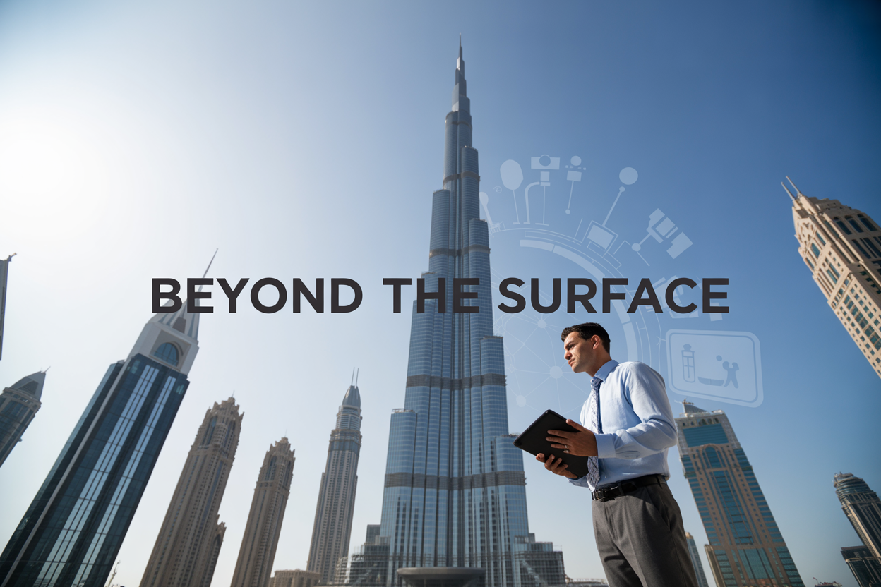 Create a realistic image of a modern Dubai skyscraper with glass facades shot from a low angle perspective, featuring a Middle Eastern male professional inspector in business attire holding a digital tablet and inspection equipment in the foreground, with the iconic Dubai skyline including Burj Khalifa visible in the background under bright daylight with clear blue skies, incorporating overlay text "Beyond the Surface" in bold modern font, and subtle technical inspection graphics or diagnostic icons floating near the building to suggest advanced property evaluation technology.