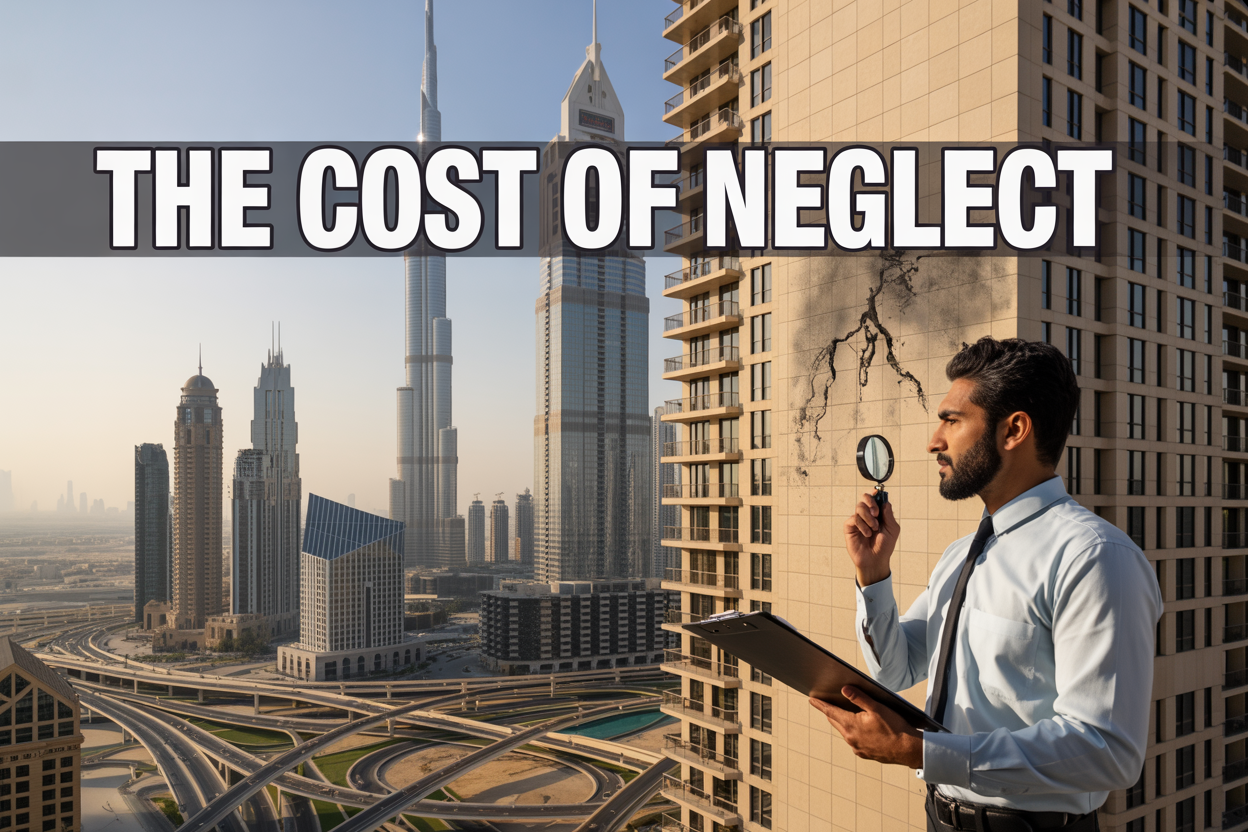 Create a realistic image of a modern Dubai skyscraper and luxury residential building with visible construction defects like cracked walls, water damage stains, and faulty fixtures, featuring a Middle Eastern male inspector in professional attire holding a clipboard and examining the building with a magnifying glass, set against Dubai's iconic skyline with the Burj Khalifa in the background, dramatic lighting highlighting both the gleaming new construction and the hidden flaws, with bold text overlay reading "The Cost of Neglect" in white letters across the upper portion of the image, conveying a serious and professional mood about property inspection importance.