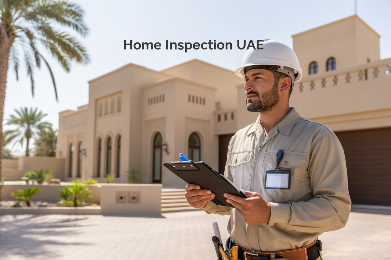 Create a realistic image of a Middle Eastern male home inspector in his 30s wearing a professional uniform and hard hat, holding a digital tablet and clipboard while examining the exterior of a modern UAE villa with traditional Arabic architectural elements, palm trees visible in the background under bright desert sunlight, with the text "Home Inspection UAE" prominently displayed in the upper portion of the image, conveying a professional and trustworthy atmosphere with warm lighting that reflects the UAE's sunny climate.