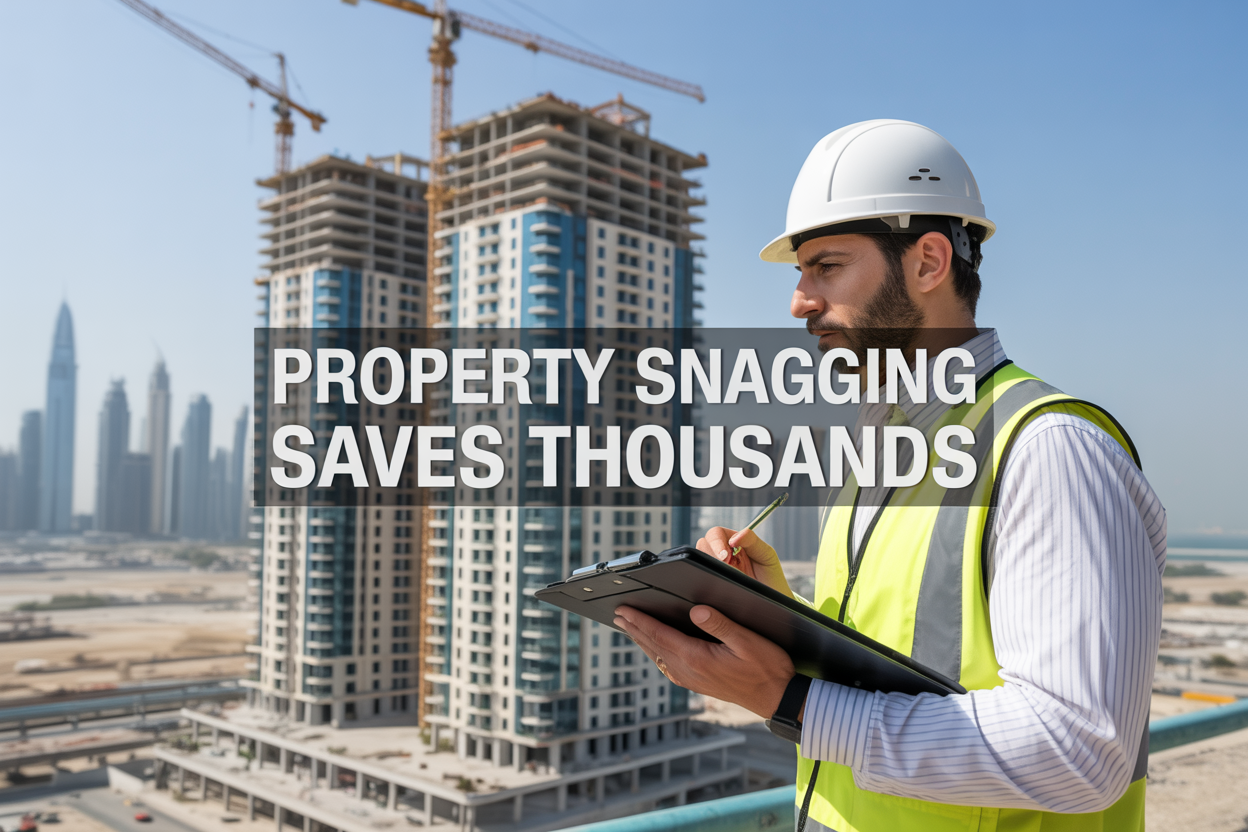 Create a realistic image of a modern Dubai high-rise residential building under construction with glass facades and cranes in the background, featuring a Middle Eastern male inspector in a white hard hat and safety vest holding a clipboard and tablet while examining building details, with Dubai's iconic skyline visible in the distance under bright daylight, and overlay text reading "Property Snagging Saves Thousands" in bold white letters with a semi-transparent dark background for readability.