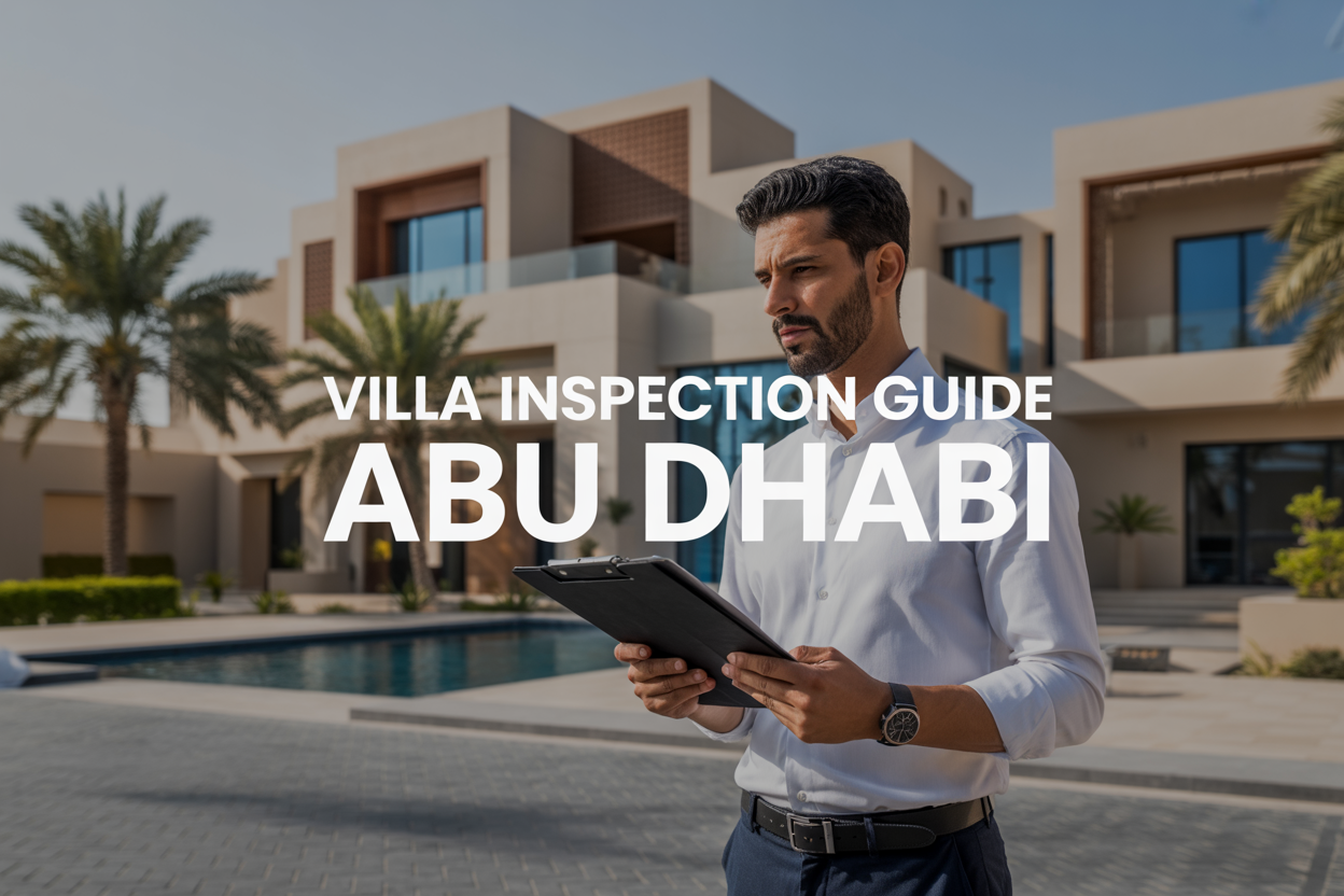 Create a realistic image of a professional Middle Eastern male villa inspector in his 30s wearing a white button-down shirt and dark pants, holding a digital tablet and clipboard while examining the exterior of a modern luxury villa in Abu Dhabi, with the villa featuring contemporary Arabic architecture, palm trees, and clear blue sky in the background, warm golden hour lighting, and the text "Villa Inspection Guide Abu Dhabi" prominently displayed in modern sans-serif font overlay.