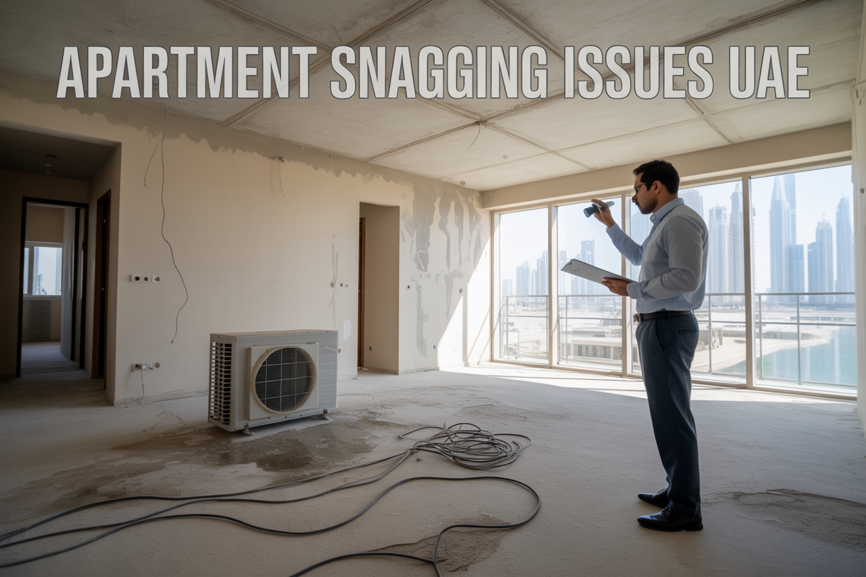 Create a realistic image of a modern apartment interior in UAE showing multiple construction defects including visible ceiling cracks, exposed electrical wires, water stains on walls, a malfunctioning air conditioning unit, and uneven floor tiles, with a Middle Eastern male inspector in professional attire holding a clipboard and flashlight examining the issues, soft natural lighting from large windows revealing Dubai skyline in background, with bold text overlay reading "Apartment Snagging Issues UAE" in the upper portion of the image.