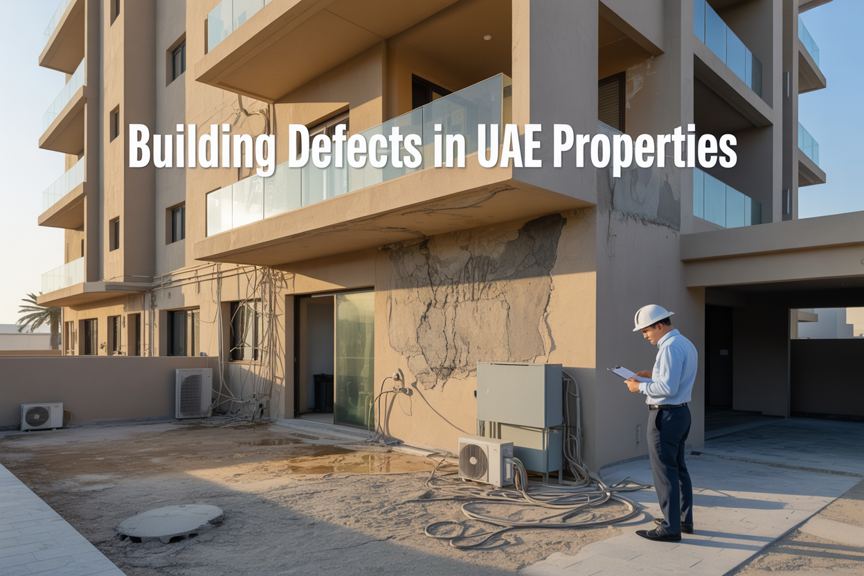 Create a realistic image of a modern UAE residential building exterior with visible defects including cracked concrete walls, water stains on the facade, exposed electrical wiring, damaged air conditioning units, and deteriorating building materials, shot during golden hour lighting with a Middle Eastern male building inspector in professional attire examining the structure with a clipboard, featuring the text "Building Defects in UAE Properties" overlaid on the upper portion of the image.