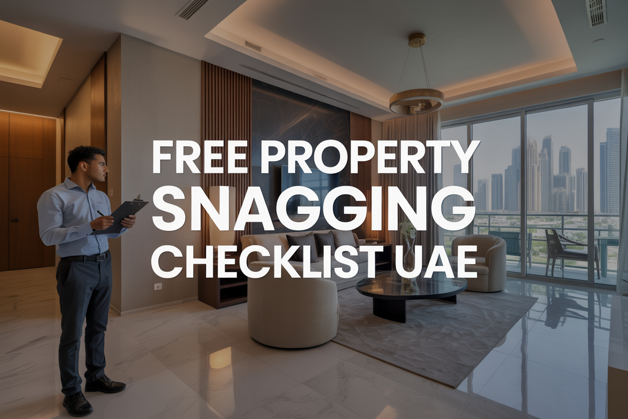 Create a realistic image of a modern luxury apartment interior in Dubai showing a professional property inspection scene with a Middle Eastern male inspector in business casual attire holding a clipboard and checklist while examining wall finishes, featuring elegant contemporary furnishings, floor-to-ceiling windows with city skyline view, marble flooring, and warm natural lighting, with the text "Free Property Snagging Checklist UAE" prominently displayed as an overlay graphic in modern sans-serif font.