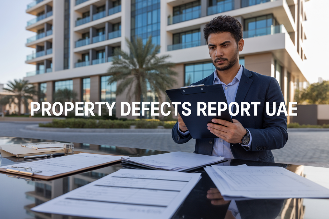 Create a realistic image of a modern UAE residential building with glass facades in the background, a professional Middle Eastern male inspector in business attire holding a clipboard and examining building elements, construction documents and property inspection reports spread on a desk in the foreground, warm natural lighting suggesting daytime inspection, with the text "Property Defects Report UAE" prominently displayed, conveying a professional and informative atmosphere about property inspection services.