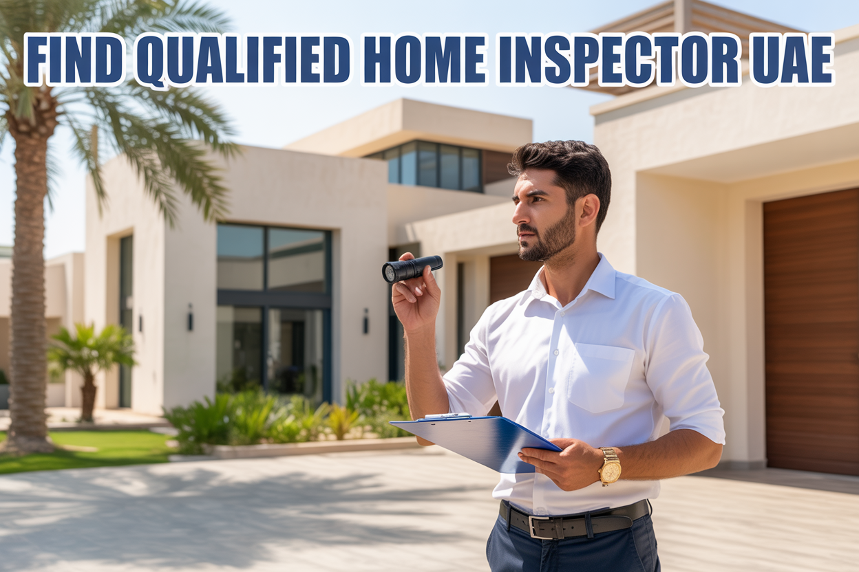 Create a realistic image of a professional Middle Eastern male home inspector in his 30s wearing a white collared shirt and dark pants, holding a clipboard and flashlight while examining the exterior of a modern UAE villa with palm trees in the background, bright daylight setting, with the text "Find Qualified Home Inspector UAE" overlaid in bold blue letters at the top of the image.