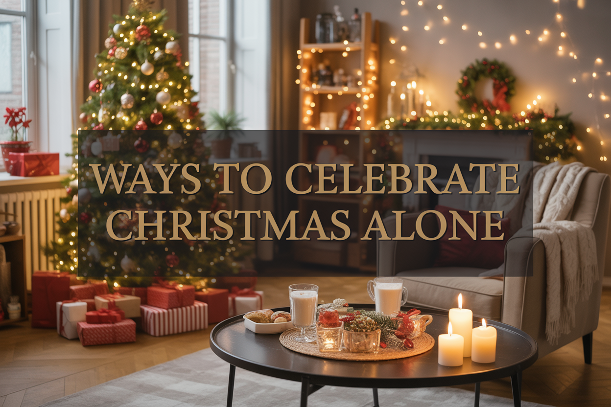 Create a realistic image of a cozy living room decorated for Christmas with a beautifully lit Christmas tree, wrapped presents underneath, fairy lights strung around the room, a comfortable armchair with a soft blanket, a small table set with festive treats and hot cocoa, candles creating warm ambient lighting, and holiday decorations throughout the space, with the text "Ways to Celebrate Christmas Alone" elegantly overlaid in festive gold lettering, capturing a warm, peaceful, and inviting atmosphere that conveys joy and comfort in solitude during the holiday season.