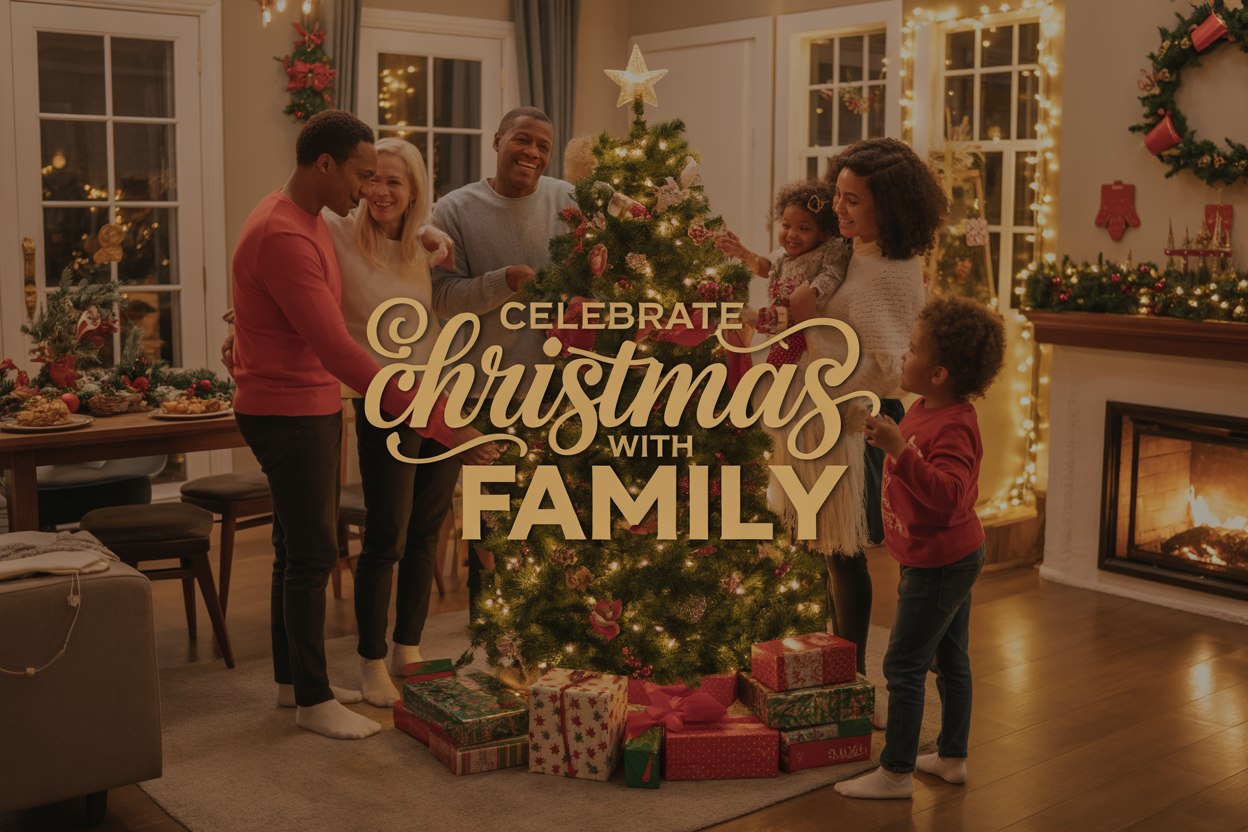 Create a realistic image of a warm, inviting living room during Christmas with a diverse multi-generational family including white and black adults and children gathered around a beautifully decorated Christmas tree, with wrapped presents underneath, a festive dining table visible in the background with holiday food, warm golden lighting from string lights and fireplace, family members engaged in gift exchange and conversation, cozy atmosphere with red and green holiday decorations throughout the room, and elegant text overlay reading "Celebrate Christmas with Family" in festive gold lettering.