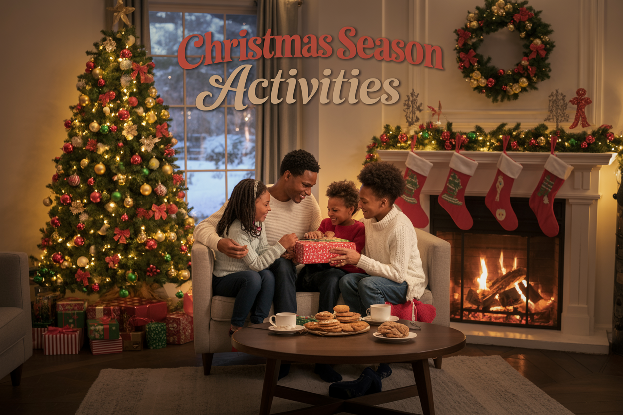 Create a realistic image of a cozy living room during Christmas season with a decorated Christmas tree with twinkling lights and colorful ornaments, a family of mixed races including a white father, black mother, and two children gathered around exchanging gifts, festive holiday decorations like garlands and stockings on a fireplace mantle, wrapped presents under the tree, warm golden lighting from the fireplace and soft overhead lights, snow visible through a window in the background, holiday cookies and hot cocoa on a coffee table, and elegant text overlay reading "Christmas Season Activities" in festive red and gold lettering.