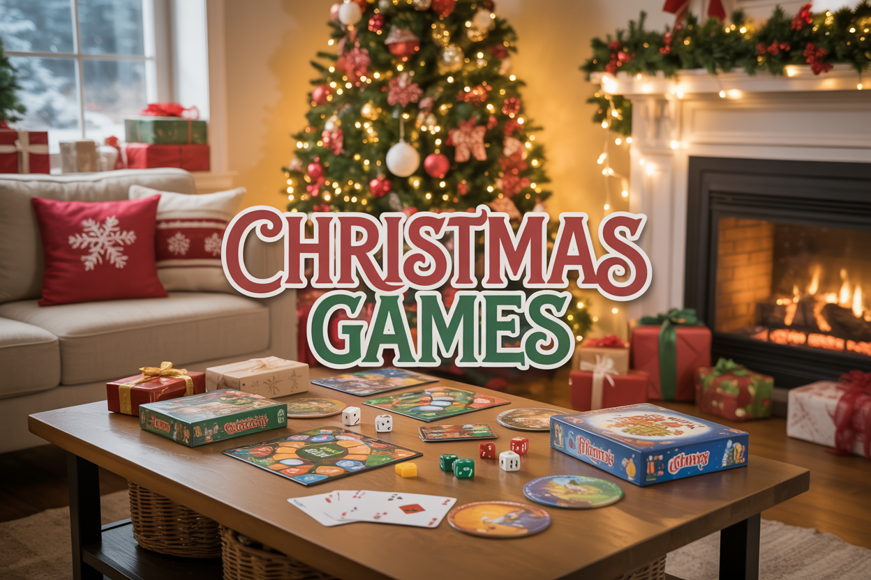 Create a realistic image of a cozy Christmas living room scene with a decorated Christmas tree in the background, a wooden coffee table in the center displaying various Christmas games including colorful board games, playing cards, dice, and game pieces, warm golden lighting from string lights and a fireplace creating a festive atmosphere, with wrapped presents scattered around, pine garlands on the mantle, and snow visible through a window, featuring the text "CHRISTMAS GAMES" in elegant red and green festive lettering overlaid on the image.