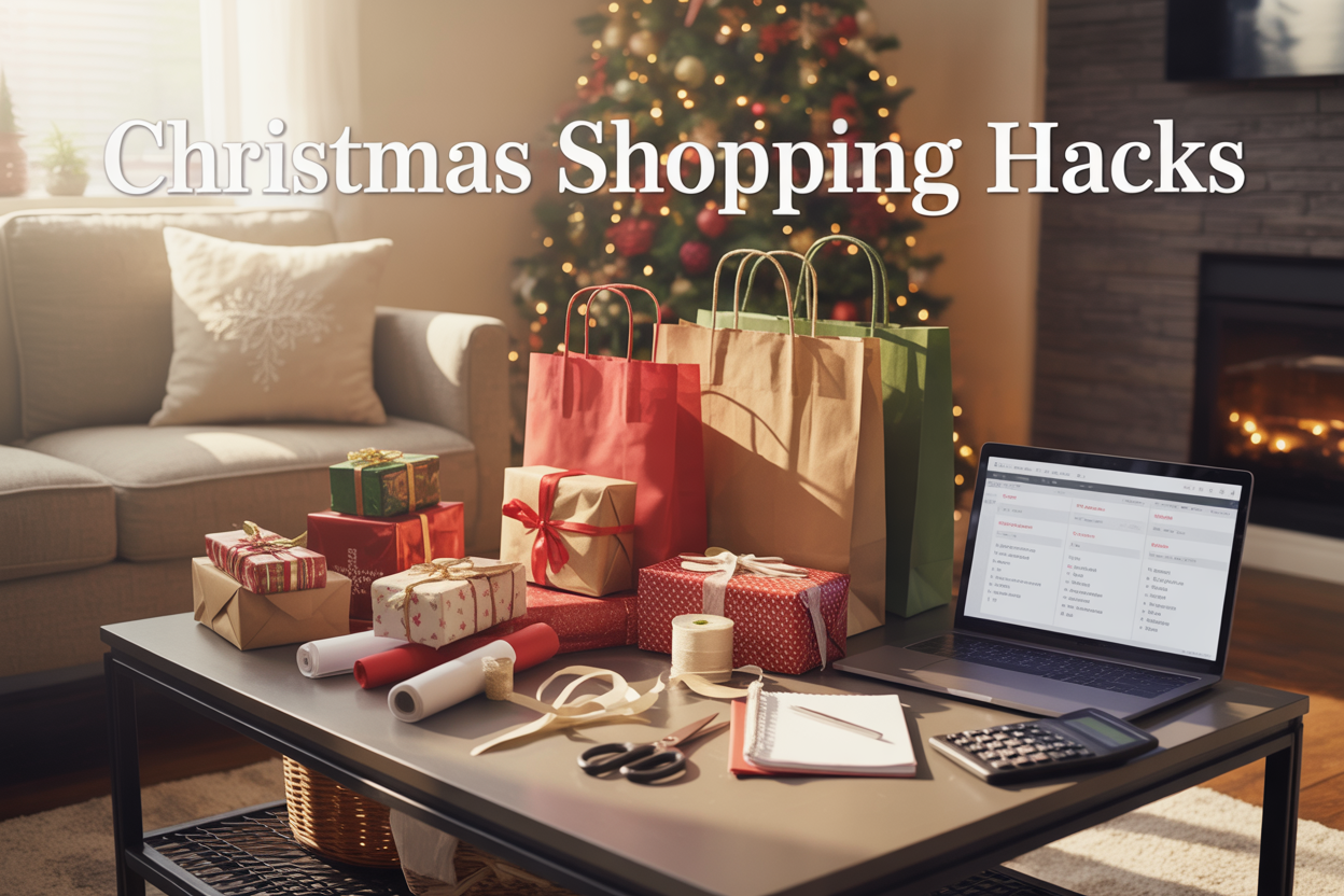 Create a realistic image of a cozy living room scene with Christmas shopping items spread across a coffee table including wrapped gifts, shopping bags, a laptop displaying deals, a notebook with a shopping list, a calculator, scissors, wrapping paper rolls, and ribbon spools, with a decorated Christmas tree with warm lights in the background, soft natural lighting from a window, and the text "CHRISTMAS SHOPPING HACKS" overlaid in elegant white letters at the top of the image.