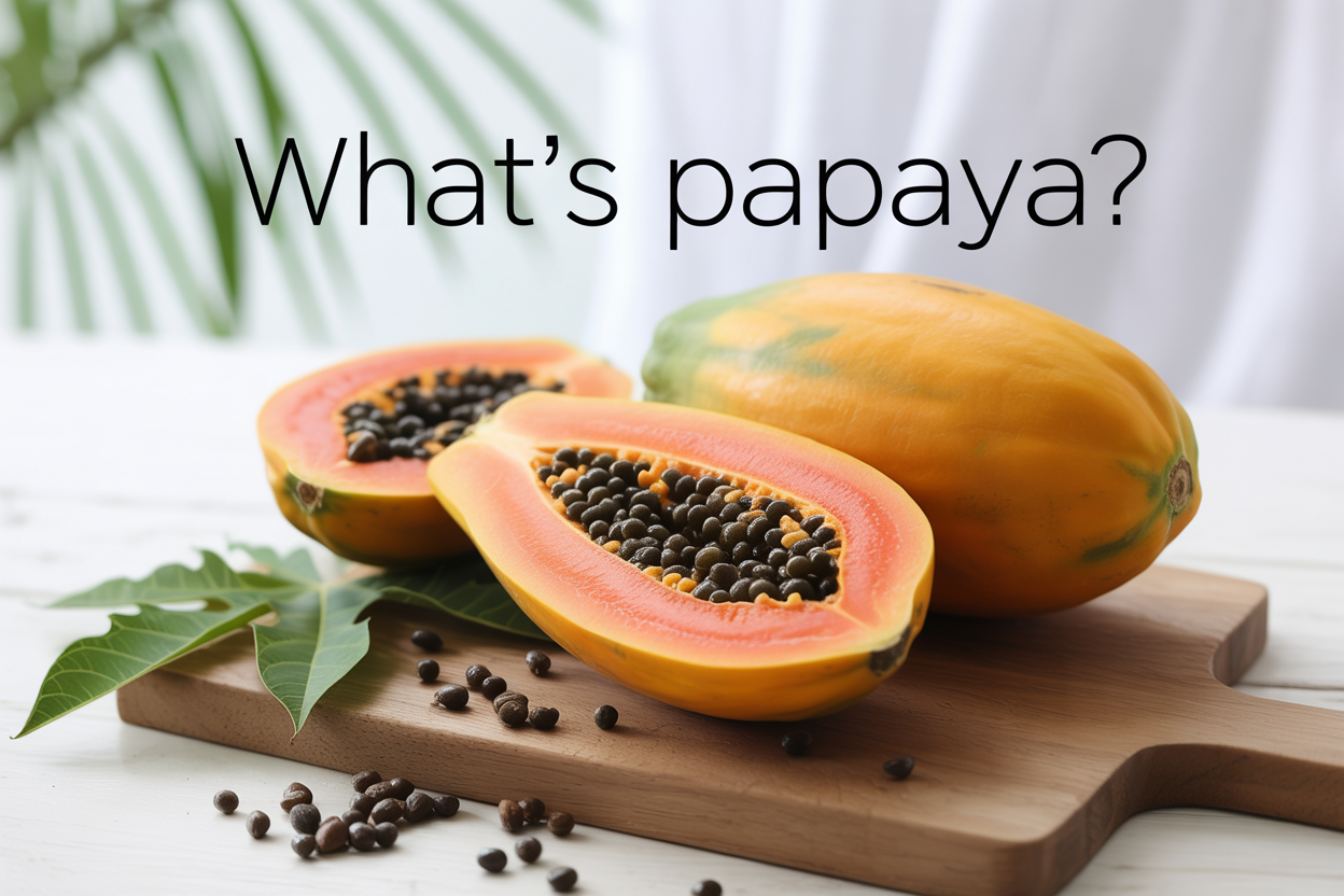 Create a realistic image of fresh whole and halved papayas displayed on a rustic wooden cutting board, showing the vibrant orange flesh and black seeds inside the cut papaya, surrounded by scattered papaya seeds and a few green papaya leaves, with soft natural lighting creating gentle shadows, and the text "WHAT'S PAPAYA?" elegantly overlaid in modern sans-serif font in the upper portion of the image, set against a clean white background with subtle tropical ambiance.