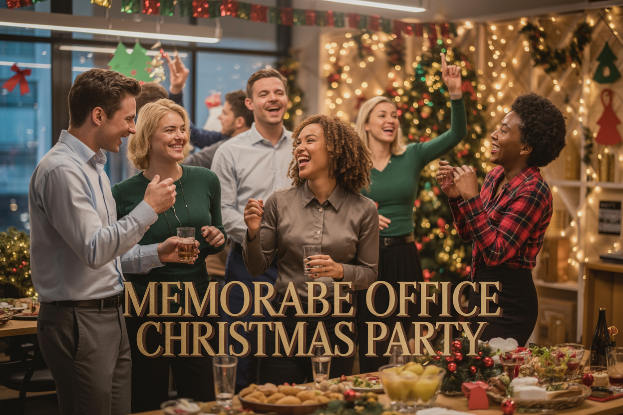 Create a realistic image of a festive office Christmas party scene with diverse office workers including white and black males and females in business casual attire celebrating in a decorated office space with Christmas lights, red and green decorations, a buffet table with appetizers and drinks, Christmas tree in the background, warm golden lighting creating a joyful atmosphere, people mingling and laughing, with elegant text overlay reading "MEMORABLE OFFICE CHRISTMAS PARTY" in gold lettering.
