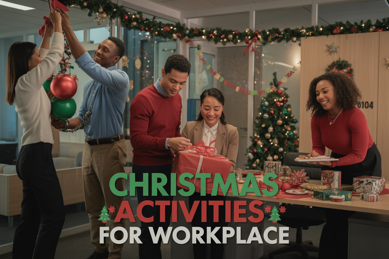 Create a realistic image of a modern office space decorated for Christmas with diverse colleagues engaged in holiday workplace activities: a white female and black male hanging colorful decorations together, an Asian female and Hispanic male wrapping gifts for charity at a decorated desk, and a white male and black female sharing holiday treats near a festive buffet table, with Christmas lights, garland, and a small office Christmas tree in the background, warm indoor lighting creating a joyful and professional atmosphere, with the text "Christmas Activities for Workplace" prominently displayed in festive red and green letters.