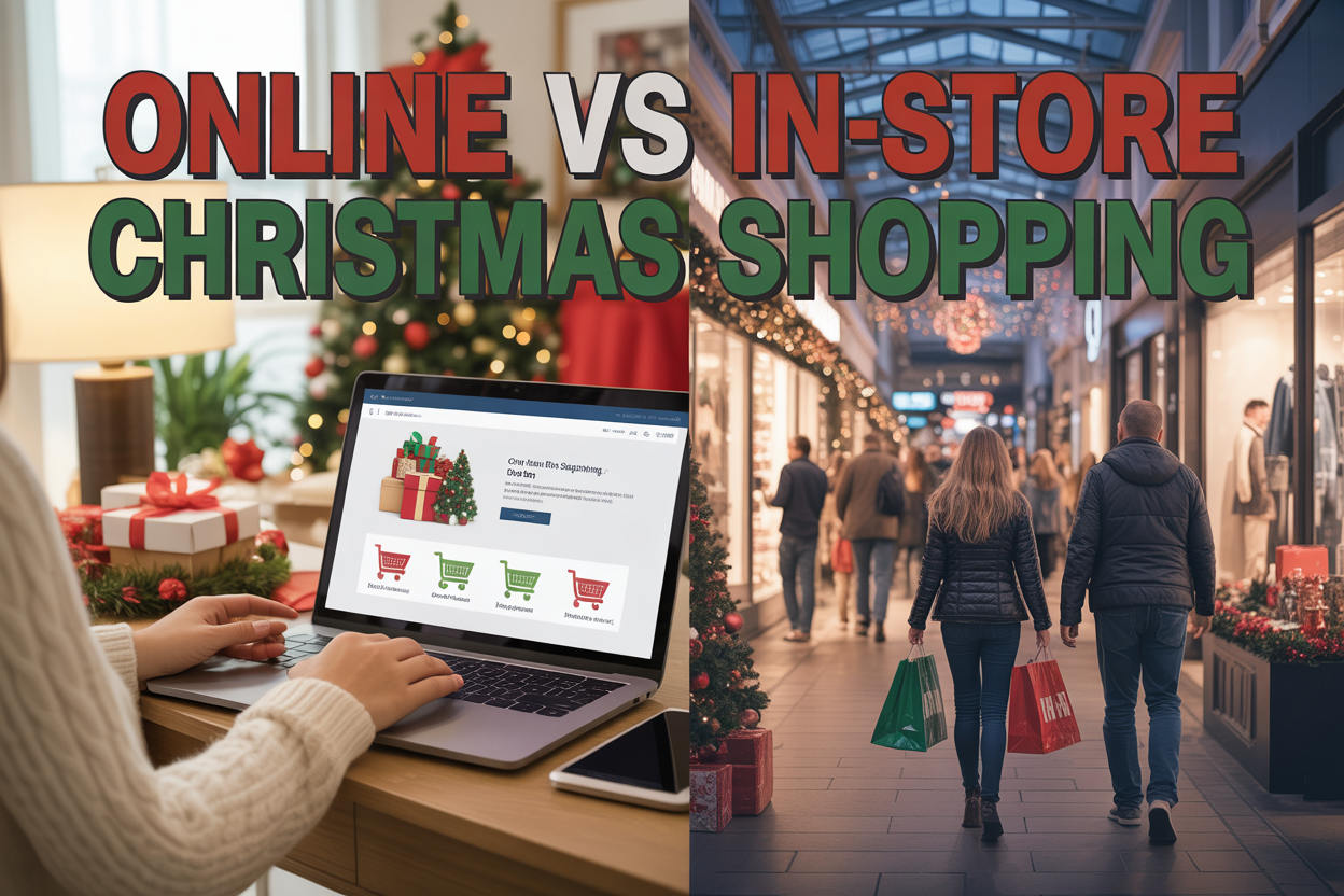 Create a realistic image of a split-screen comparison showing online vs in-store Christmas shopping, with the left side displaying a cozy home setup featuring a laptop computer showing a Christmas shopping website with gift boxes, shopping cart icons, and holiday decorations on a wooden desk, while the right side shows a bustling retail store interior with Christmas decorations, shoppers carrying bags, and festive holiday displays, connected by a subtle dividing line down the middle, with warm golden lighting throughout and the text "ONLINE VS IN-STORE CHRISTMAS SHOPPING" prominently displayed across the top in bold, festive red and green lettering.