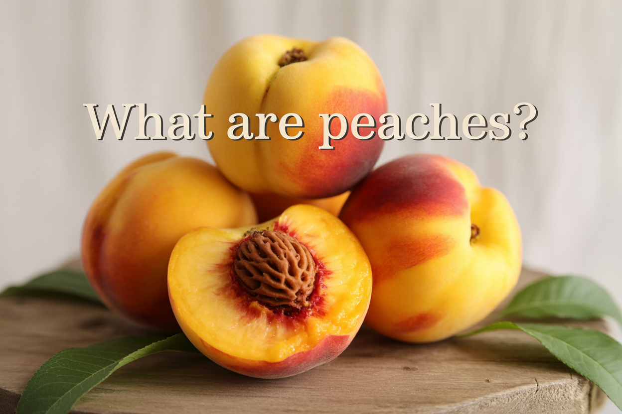 Create a realistic image of fresh, ripe peaches as the main subject, featuring 3-4 whole peaches with fuzzy skin in vibrant yellow-orange and red hues, one peach cut in half showing the orange flesh and brown pit, arranged on a rustic wooden surface with soft natural lighting, complemented by a few green peach leaves scattered around, warm and inviting mood with a clean white or soft cream background, and the text "WHAT ARE PEACHES?" overlaid in elegant, readable font in the upper portion of the image.