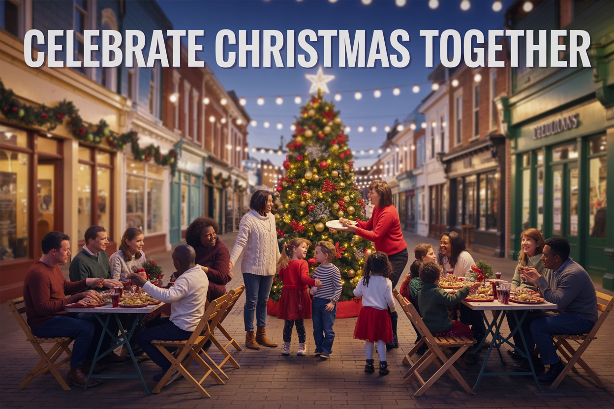 Create a realistic image of a diverse community Christmas celebration in a town square with white, black, and Hispanic families of mixed genders gathered around a large decorated Christmas tree, children playing together while adults share food at communal tables, local shop storefronts with festive decorations visible in the background, warm golden evening lighting with string lights illuminating the scene, and the text "CELEBRATE CHRISTMAS TOGETHER" prominently displayed across the top of the image.