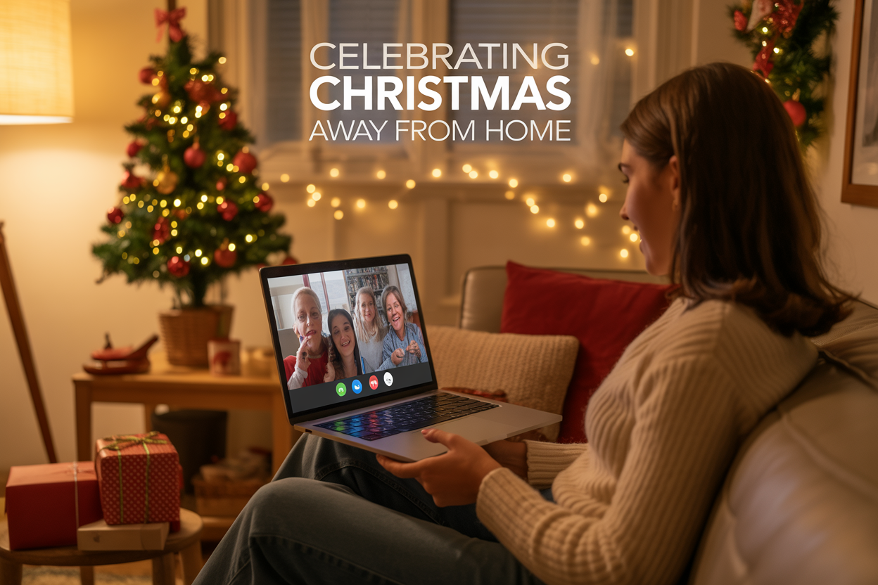 Create a realistic image of a cozy living room scene with a young white female sitting on a couch holding a video call on her laptop with family members visible on screen, Christmas decorations including a small decorated tree and string lights in the background, a few wrapped presents nearby, warm golden lighting creating an intimate atmosphere, and the text "Celebrating Christmas Away From Home" elegantly overlaid in the upper portion of the image.