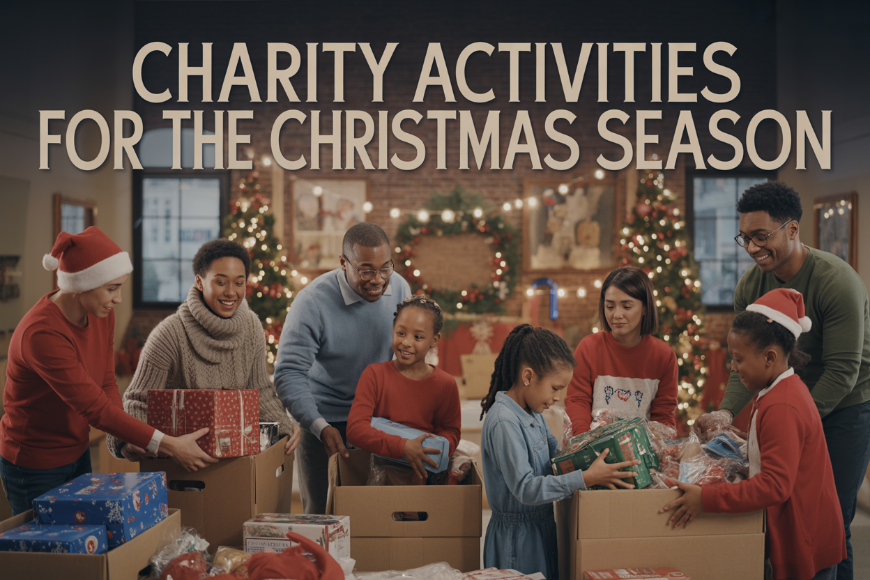 Create a realistic image of diverse families and volunteers of various races (white, black, Hispanic, Asian) and genders gathered around donation tables filled with wrapped Christmas gifts, warm winter clothing, and food items, with children helping adults sort donations into festive boxes, set in a warmly lit community center decorated with Christmas trees and holiday lights, capturing a joyful and giving atmosphere with people smiling and working together, include the text "CHARITY ACTIVITIES FOR THE CHRISTMAS SEASON" prominently displayed at the top of the image in elegant holiday-themed lettering.