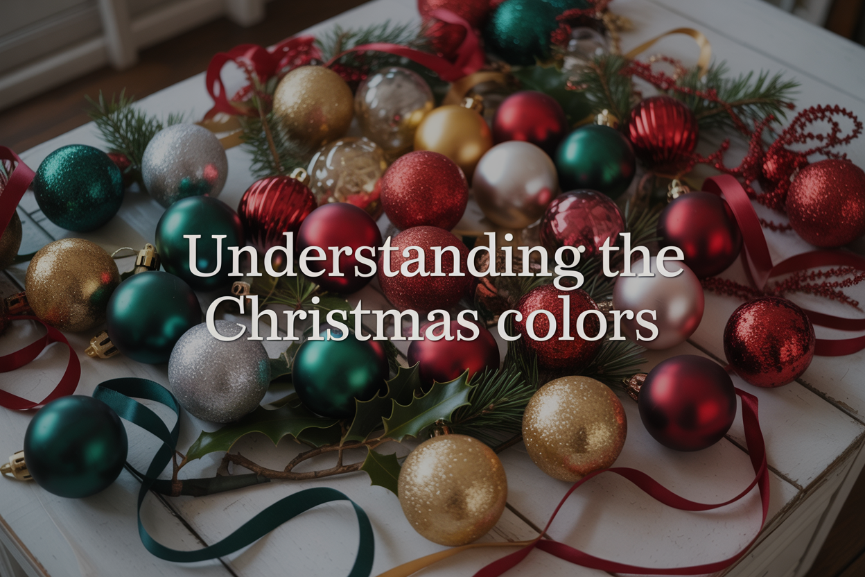 Create a realistic image of a beautifully arranged display of traditional Christmas colors featuring deep red, forest green, and gold ornaments, ribbons, and decorative elements spread across a white wooden surface, with subtle variations including silver accents and modern rose gold touches, soft warm lighting creating a cozy holiday atmosphere, pine branches and holly leaves scattered naturally throughout the composition, and elegant text overlay reading "UNDERSTANDING THE CHRISTMAS COLORS" in sophisticated serif font, shot from above at a slight angle to showcase the rich color palette and textures that represent both traditional and contemporary holiday decorating styles.