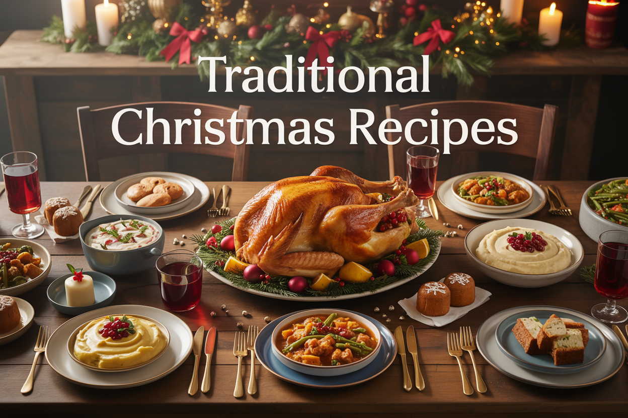 Create a realistic image of a beautifully arranged Christmas dinner table featuring traditional holiday foods including a golden roasted turkey as the centerpiece, surrounded by classic side dishes like mashed potatoes, cranberry sauce, stuffing, and green bean casserole, with festive appetizers on smaller plates, traditional Christmas desserts like plum pudding and gingerbread cookies, and holiday beverages in elegant glasses, all set on a warm wooden table with Christmas decorations like pine branches, red ribbons, and golden candles creating a cozy holiday atmosphere, with soft warm lighting and the text "Traditional Christmas Recipes" elegantly overlaid on the image.