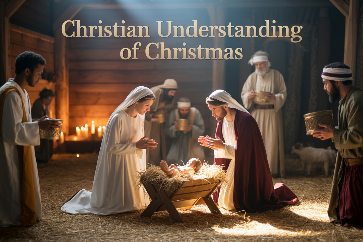 Create a realistic image of a warm, softly lit nativity scene with a wooden manger containing baby Jesus surrounded by golden straw, with Mary and Joseph (both Middle Eastern appearance) kneeling beside the manger in reverent poses, three wise men of diverse ethnicities (one white, one black, one Middle Eastern) approaching with gifts, shepherds in the background, all set in a rustic stable with warm candlelight and a gentle star beam illuminating the scene from above, with the text "CHRISTIAN UNDERSTANDING OF CHRISTMAS" elegantly overlaid in golden serif font at the top of the image, creating a peaceful and sacred atmosphere that conveys the theological significance and biblical foundation of Christ's birth.