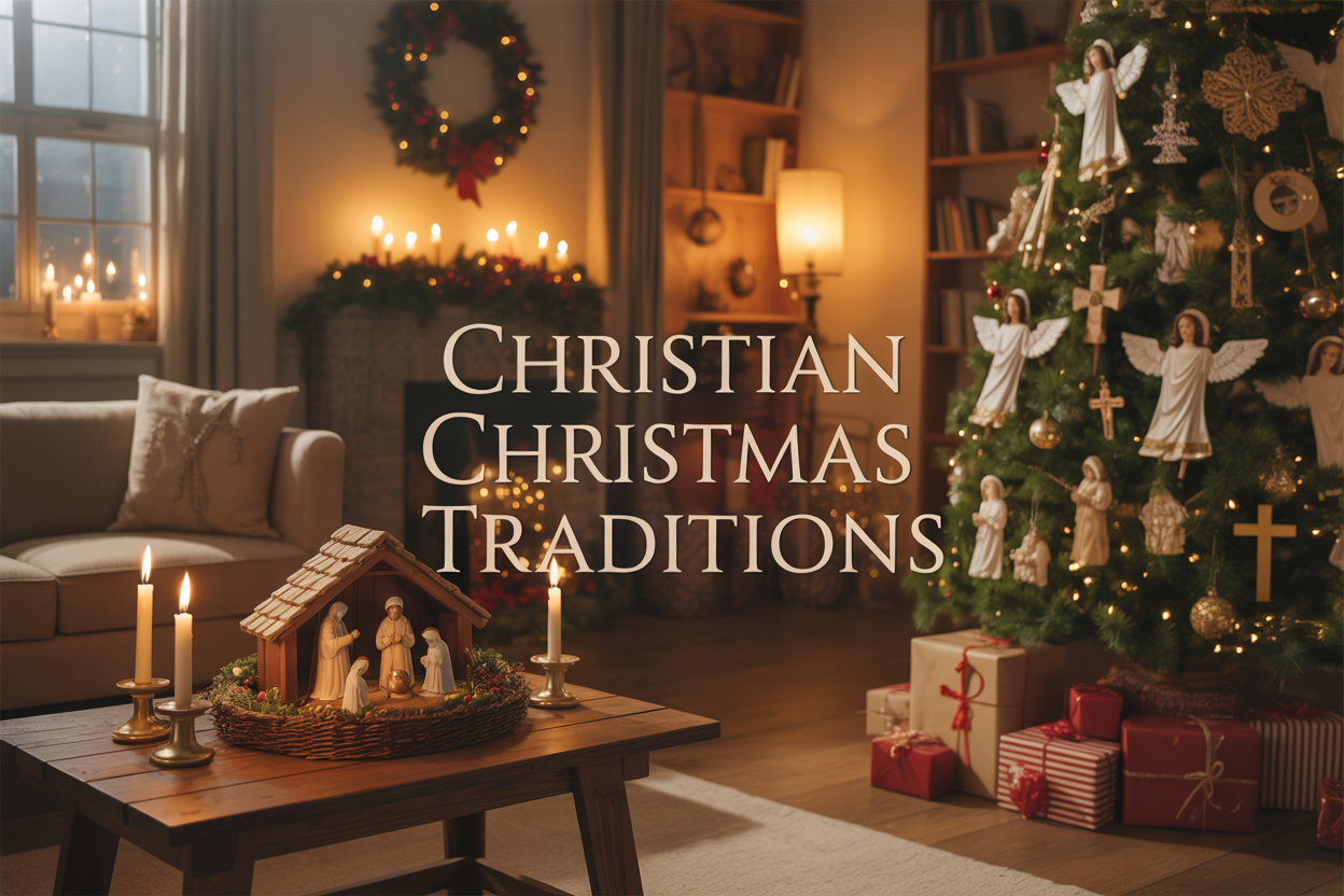 Create a realistic image of a warm, inviting living room during Christmas season featuring sacred Christmas decorations including a nativity scene on a wooden table, an Advent wreath with lit candles, a Christmas tree adorned with religious ornaments like angels and crosses, wrapped gifts beneath the tree, soft golden lighting from candles and warm lamps creating a peaceful atmosphere, with the text "Christian Christmas Traditions" elegantly overlaid in classic serif font, shot from a cozy perspective that captures the entire festive yet reverent scene.