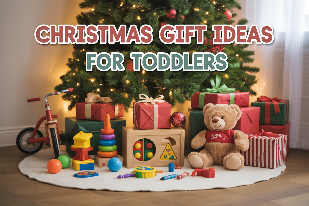 Create a realistic image of a festive Christmas scene featuring a variety of toddler gifts arranged under a decorated Christmas tree, including colorful educational toys like stacking blocks and shape sorters, active play items like a small tricycle and soft balls, creative toys like crayons and play dough, a plush teddy bear, and budget-friendly options, all surrounded by wrapped presents with red and green ribbons, warm golden lighting from the tree lights, and the text "CHRISTMAS GIFT IDEAS FOR TODDLERS" displayed prominently across the top of the image in festive red and green lettering.