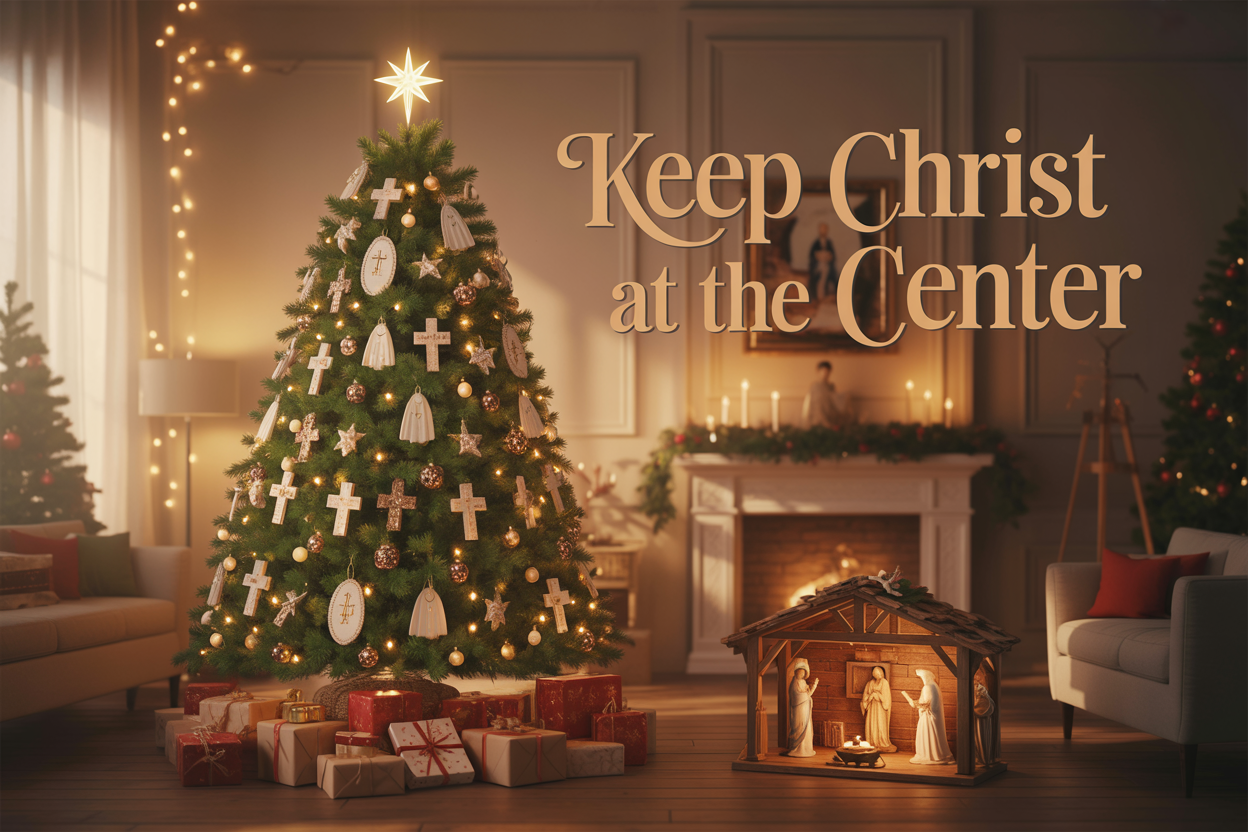 Create a realistic image of a warm, inviting living room scene with a beautifully decorated Christmas tree as the focal point, topped with a glowing star and adorned with simple, meaningful ornaments including small crosses and angels, with wrapped gifts beneath the tree, a nativity scene prominently displayed on a nearby mantelpiece, soft golden lighting from candles and string lights creating a peaceful atmosphere, and elegant text overlay reading "KEEP CHRIST AT THE CENTER" in gold lettering across the upper portion of the image, with rich red and gold color accents throughout the cozy holiday setting.