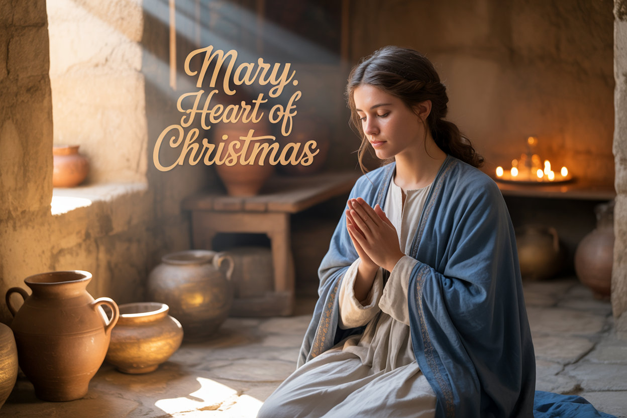 Create a realistic image of a serene young Middle Eastern woman with brown hair wearing a blue and white robe, sitting in a humble stone room with soft golden light streaming through a small window, her hands gently folded in prayer position, with a peaceful and contemplative expression on her face, surrounded by simple pottery and wooden furniture typical of ancient Bethlehem, with warm candlelight creating gentle shadows on the walls, and the text "Mary: Heart of Christmas" elegantly overlaid in golden script in the upper portion of the image.