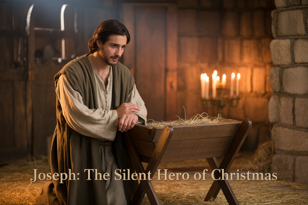 Create a realistic image of a Middle Eastern male figure in biblical-era robes standing protectively beside a wooden manger in a humble stable setting, with warm golden candlelight illuminating his contemplative face and strong hands, surrounded by rustic stone walls and straw, conveying quiet strength and devotion, with the text "Joseph: The Silent Hero of Christmas" elegantly overlaid in serif font at the bottom of the image.