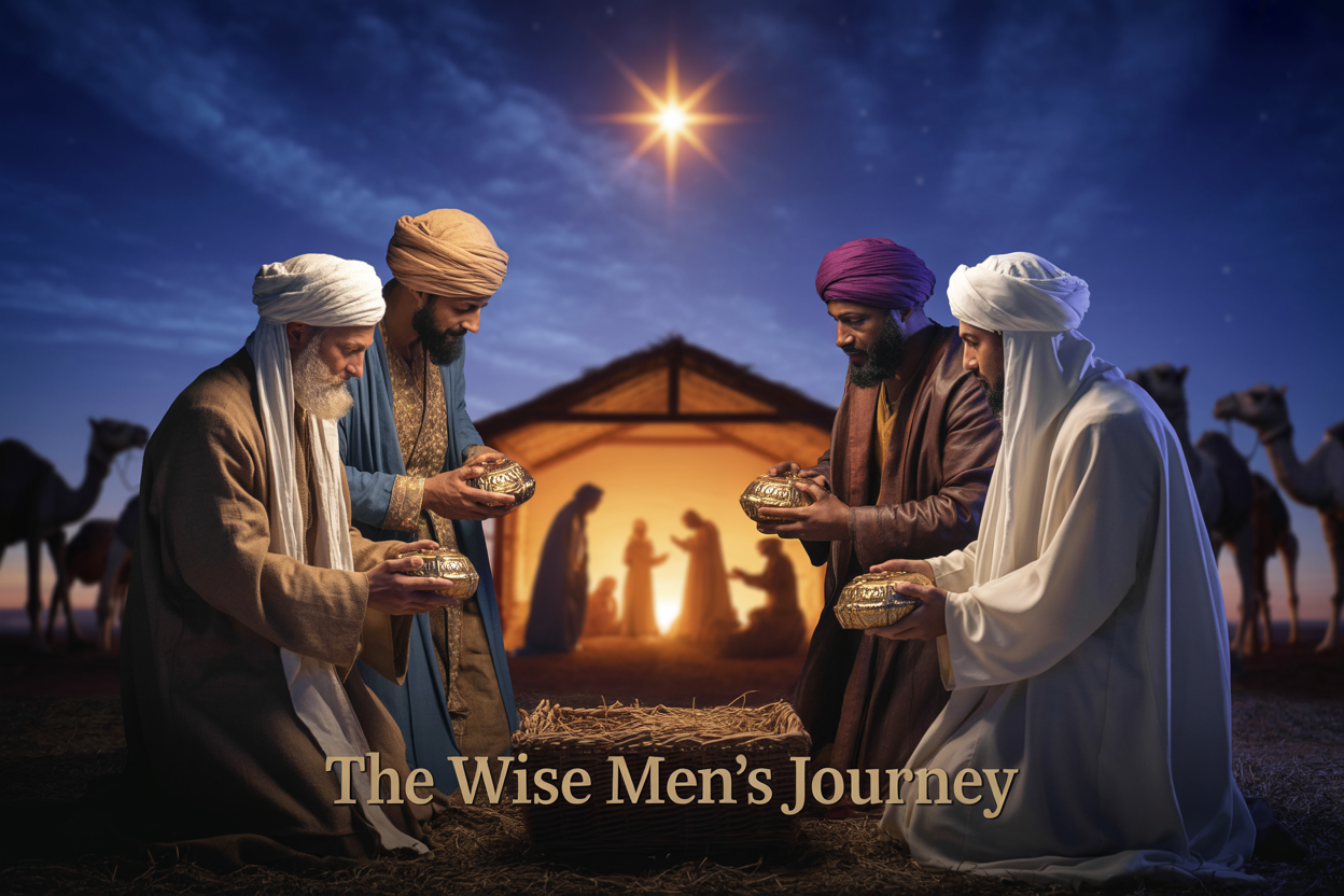Create a realistic image of three wise men of diverse ethnicities (Middle Eastern, African, and Asian) in ornate robes and turbans, kneeling before a humble stable scene with the silhouette of Mary, Joseph, and baby Jesus visible in warm golden light, holding gifts of gold, frankincense, and myrrh, with a bright star shining overhead against a deep blue night sky, camels resting in the background, creating a reverent and sacred atmosphere, with the text "The Wise Men's Journey" elegantly displayed in golden letters at the bottom of the image.