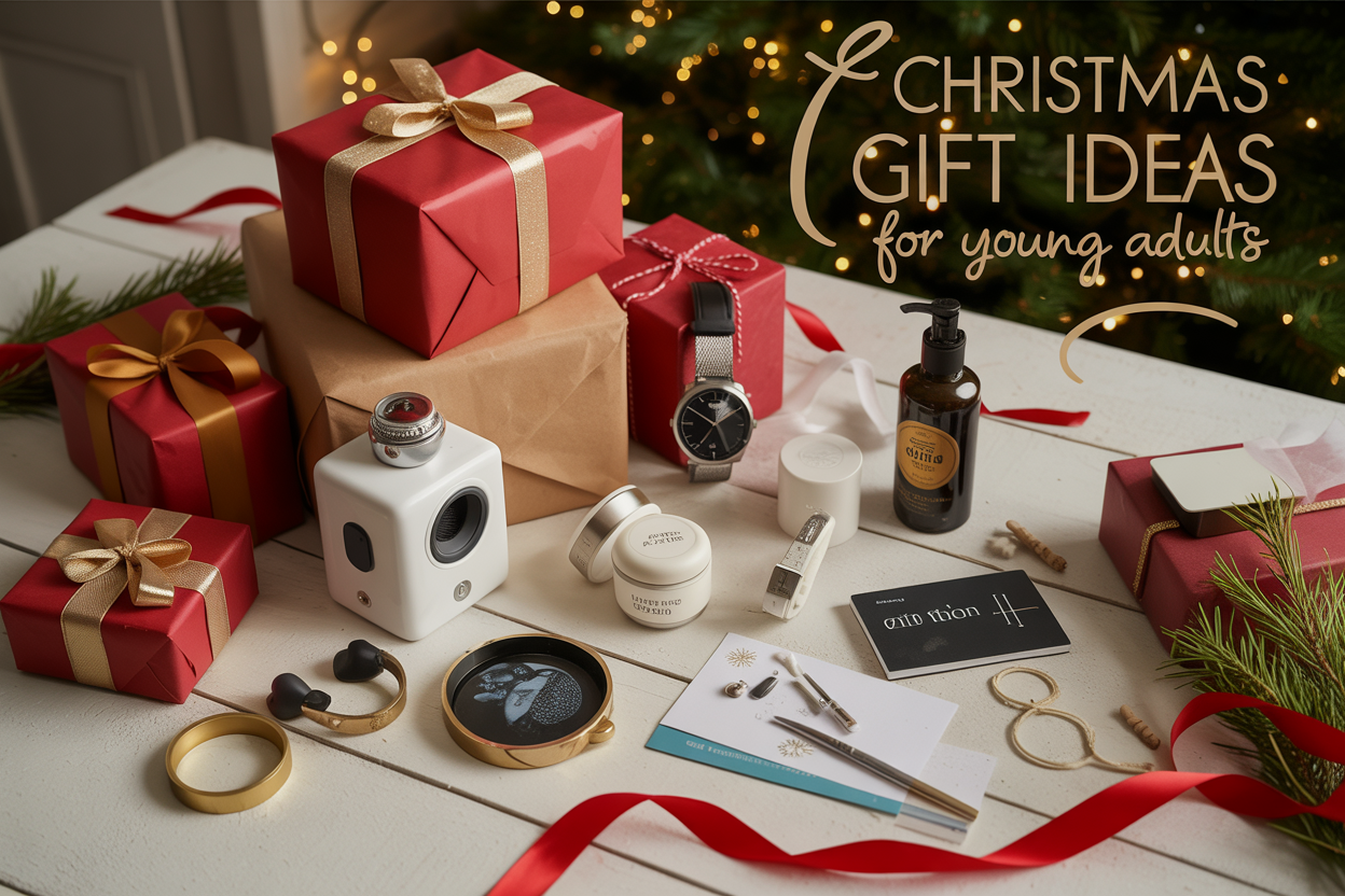 Create a realistic image of a festive Christmas gift arrangement on a white wooden table featuring wrapped presents in red and gold paper alongside modern gifts including wireless earbuds, a stylish watch, skincare products, art supplies, and a gift card, with soft Christmas lights creating warm ambient lighting in the background, pine branches and red ribbon scattered around the gifts, and elegant text overlay reading "Christmas Gift Ideas for Young Adults" in modern gold lettering.