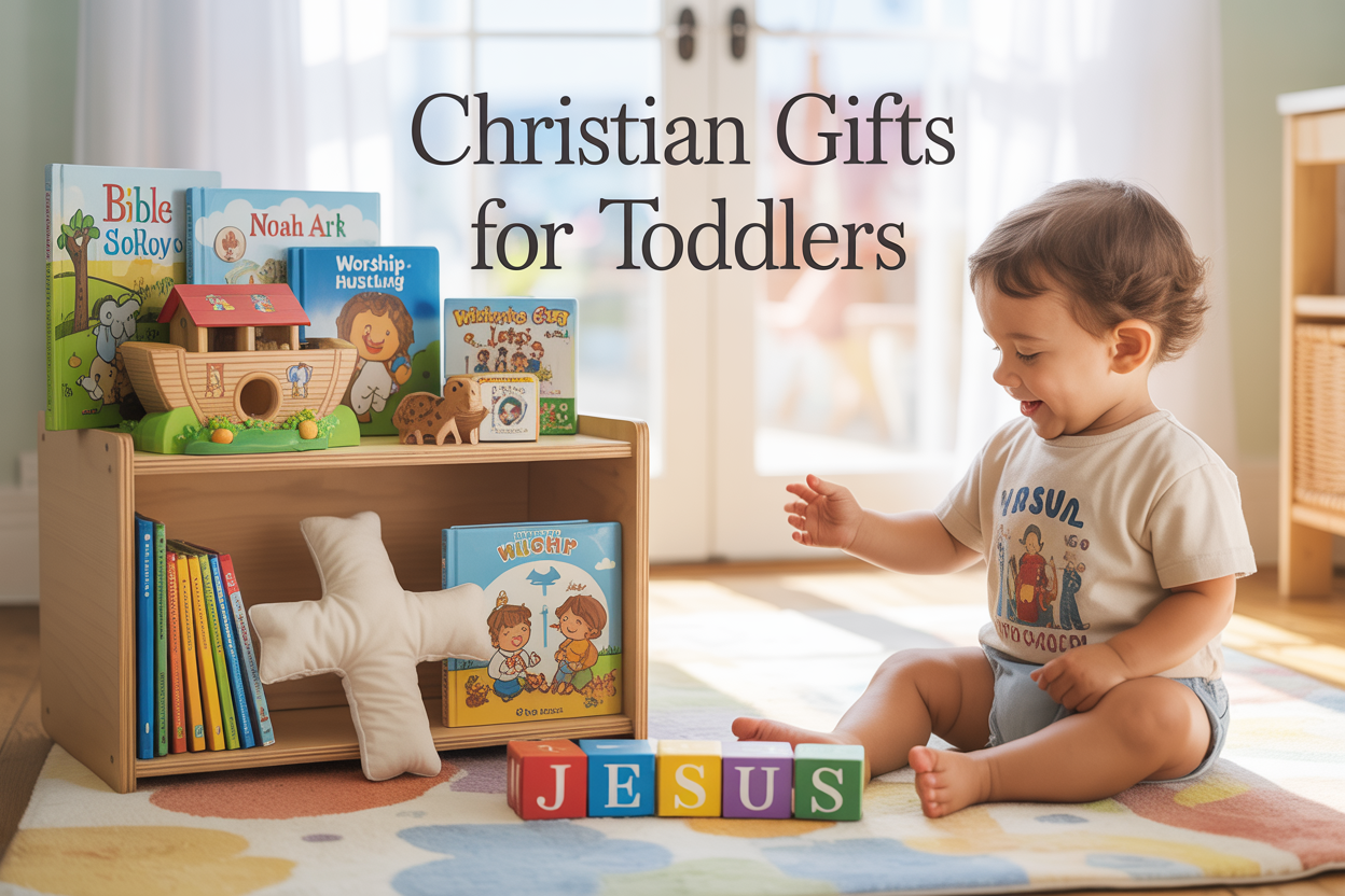 Create a realistic image of a bright, inviting nursery scene with a wooden toy box overflowing with Christian-themed toddler items including colorful Bible storybooks, a small wooden Noah's ark with animals, children's worship music CDs, a soft cross-shaped pillow, and alphabet blocks spelling "JESUS", alongside a small white toddler wearing a faith-themed t-shirt sitting on a soft rug playing with the toys, with warm natural lighting streaming through a window and gentle pastel wall colors creating a peaceful atmosphere, featuring the text "CHRISTIAN GIFTS FOR TODDLERS" in elegant, child-friendly lettering overlay.