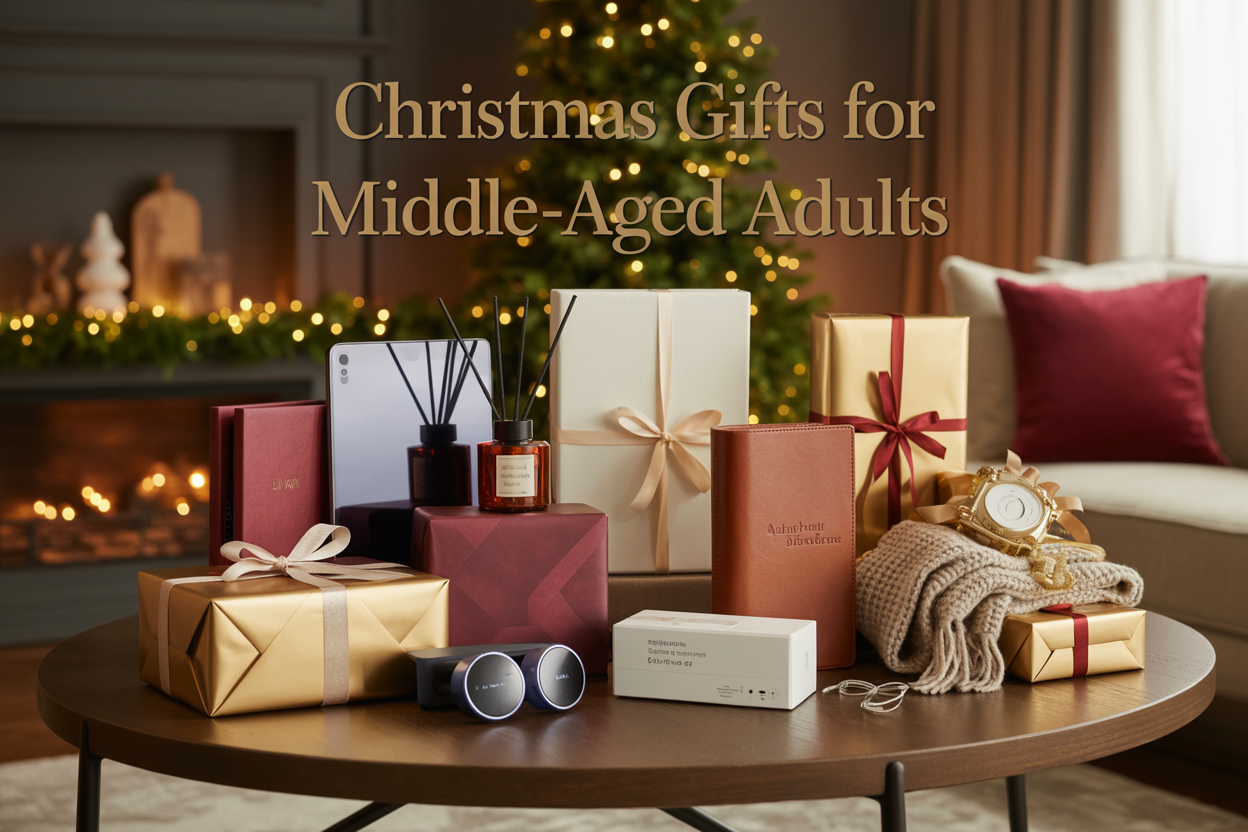 Create a realistic image of an elegant Christmas gift display featuring a variety of presents suitable for middle-aged adults arranged on a dark wooden table, including a sleek tablet, essential oil diffuser, cozy cashmere scarf, leather-bound journal, wireless earbuds, and spa gift set, all wrapped in sophisticated gold, burgundy, and cream colored wrapping paper with metallic ribbons, set against a warm living room background with soft Christmas tree lights creating a cozy holiday ambiance, with the text "Christmas Gifts for Middle-Aged Adults" elegantly overlaid in gold lettering.