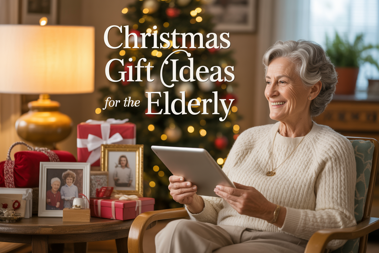 Create a realistic image of an elderly white woman with gray hair sitting in a cozy living room chair, smiling while holding a tablet, surrounded by thoughtfully arranged Christmas gifts including a soft throw blanket, wellness items, photo frames, and hobby supplies, with warm golden lighting from a nearby lamp and a decorated Christmas tree softly blurred in the background, featuring the text "Christmas Gift Ideas for the Elderly" in elegant serif font overlaid on the upper portion of the image.