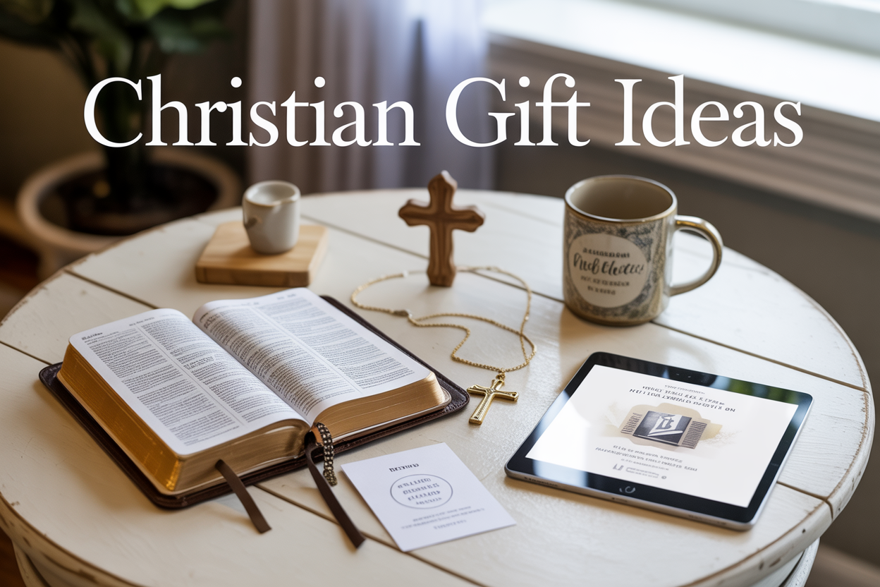 Create a realistic image of an elegant flat lay arrangement on a white wooden table featuring Christian gift items for middle-aged adults including an open leather-bound Bible, a delicate gold cross necklace, a small wooden cross home decor piece, a inspirational coffee mug, a tablet displaying a Bible app, and a donation card, all artfully arranged with soft natural lighting from a window, with the text "CHRISTIAN GIFT IDEAS" prominently displayed in elegant serif font at the top of the image, creating a warm and inviting atmosphere that conveys faith, thoughtfulness, and spiritual connection.