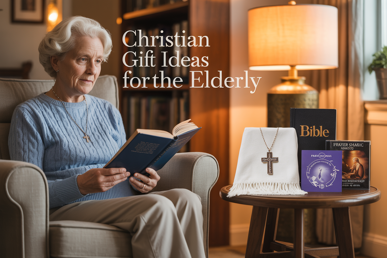 Create a realistic image of an elderly white female sitting in a comfortable armchair reading a devotional book, with a wooden coffee table beside her displaying Christian gifts including a cross necklace, small Bible, prayer shawl, and Christian music CDs, warm golden lighting from a nearby lamp creating a cozy atmosphere, with the text "Christian Gift Ideas for the Elderly" elegantly overlaid in the upper portion of the image.