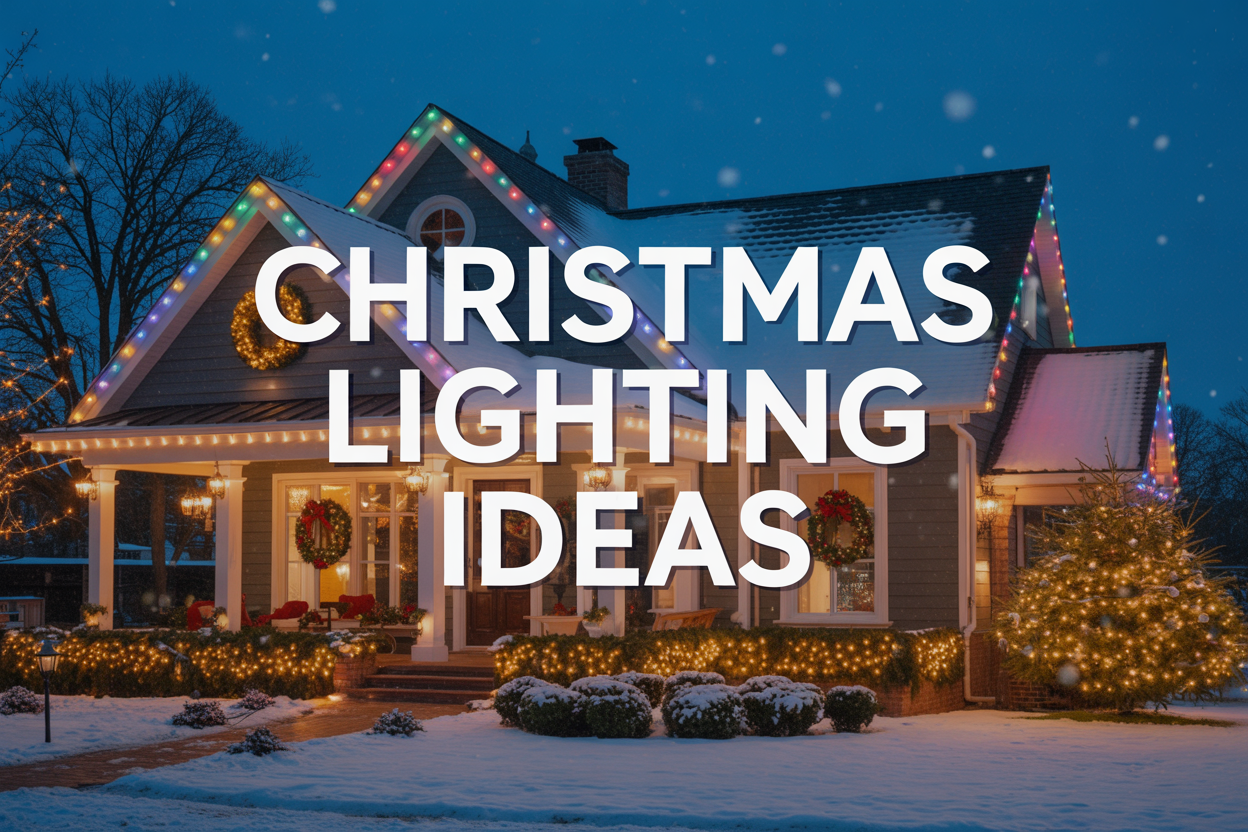 Create a realistic image of a beautifully decorated home during Christmas evening with warm golden string lights adorning the front porch, wreaths with LED lights on windows, a glowing Christmas tree visible through the living room window, colorful outdoor light displays on the roofline and landscaping, with snow gently falling and creating a magical winter atmosphere, featuring the text "CHRISTMAS LIGHTING IDEAS" in elegant white letters overlaid on the scene.