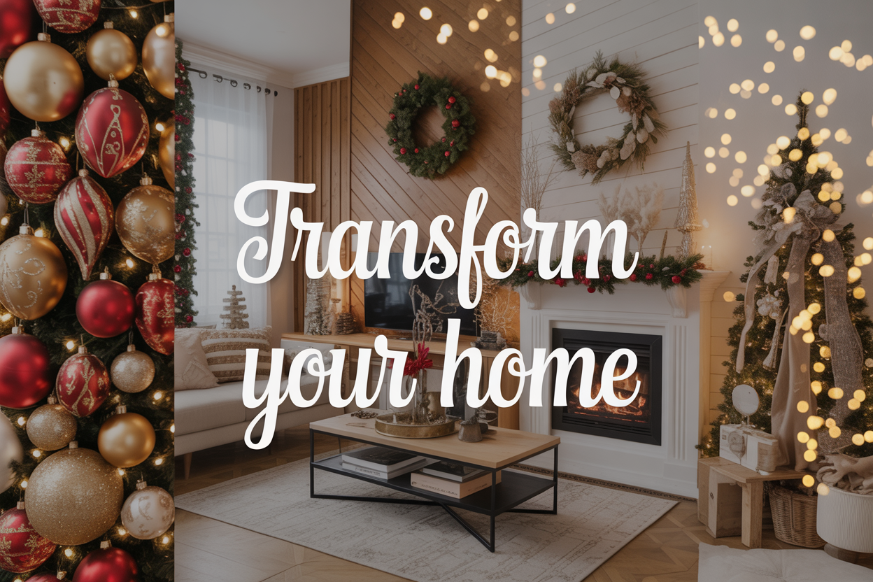 Create a realistic image of a beautifully decorated living room showcasing multiple Christmas decor styles in distinct sections: traditional red and gold ornaments with garland on the left, modern minimalist white and silver decorations in the center, rustic farmhouse elements with burlap and wooden accents on the right, glamorous metallic gold touches throughout, and Scandinavian-style natural wood and white elements, all illuminated by warm golden Christmas lights with a cozy fireplace in the background, featuring the text "Transform Your Home" elegantly overlaid in festive script font.