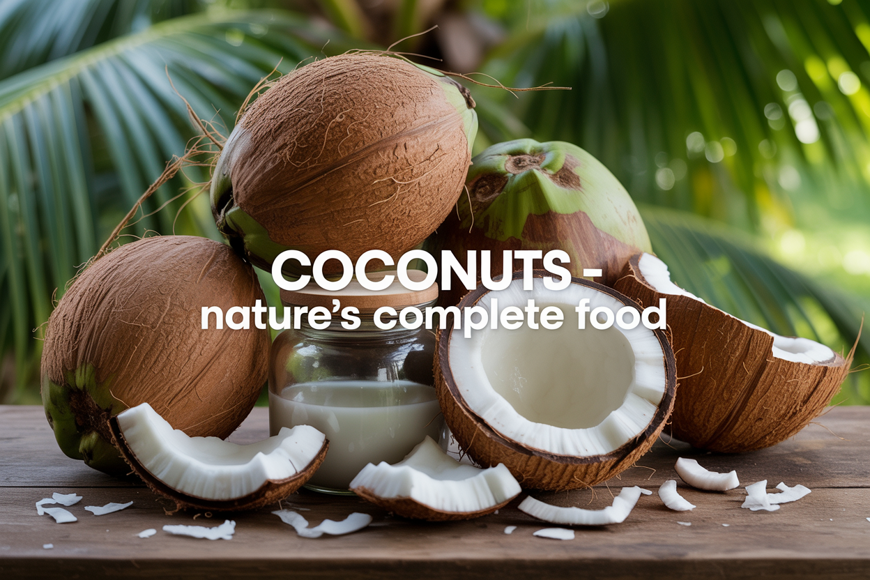Create a realistic image of a tropical coconut display featuring whole brown coconuts with fibrous husks, a halved coconut showing white flesh and coconut water, fresh coconut meat pieces, coconut oil in a glass jar, and coconut flakes scattered around on a rustic wooden surface, with green palm fronds in the background creating a natural tropical atmosphere, bright natural lighting highlighting the textures, and elegant text overlay reading "COCONUTS - Nature's Complete Food" in modern sans-serif font.